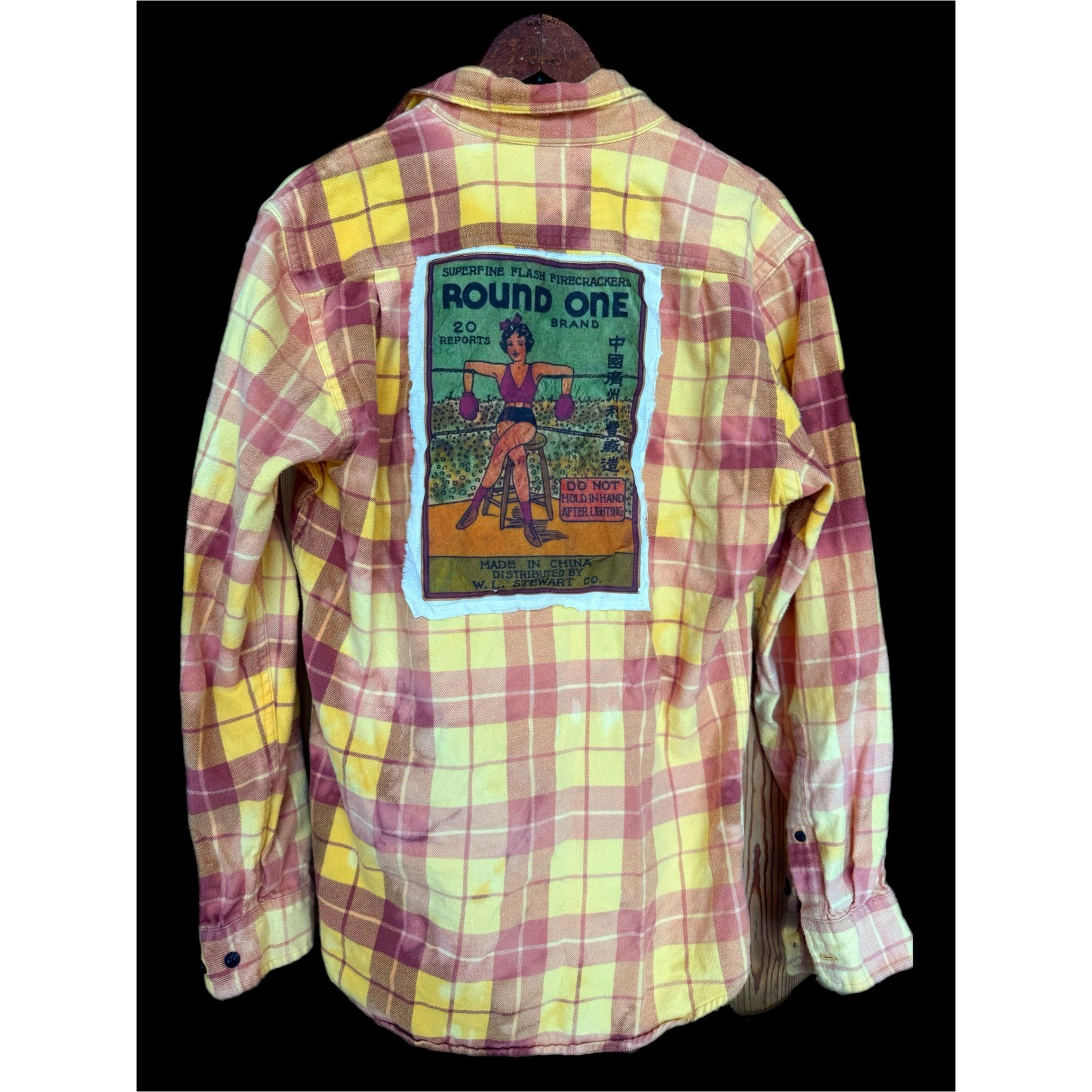 Upcycled Yellow Plaid Flannel Boxer Girl Patch Folk Art Shirt