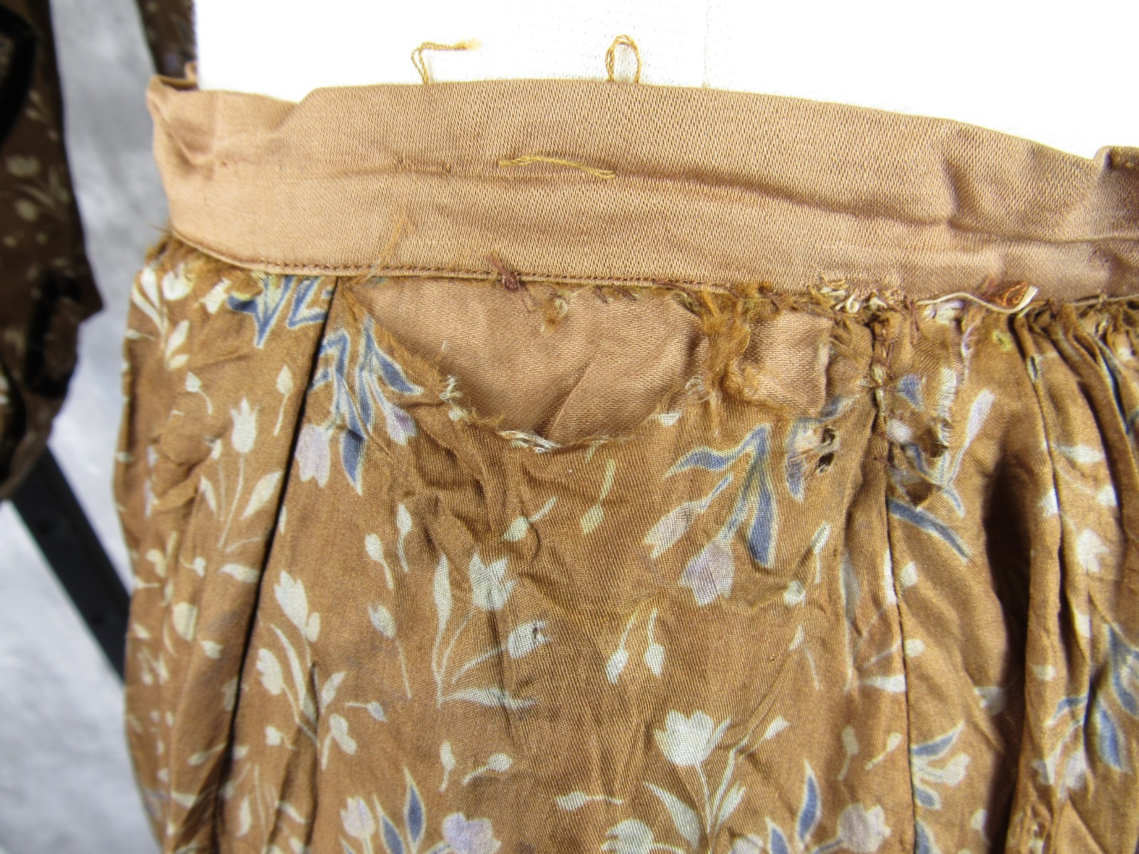 Antique Victorian 1890s Brown & Blue Silk Floral Calico Print Dress Maxi Vintage