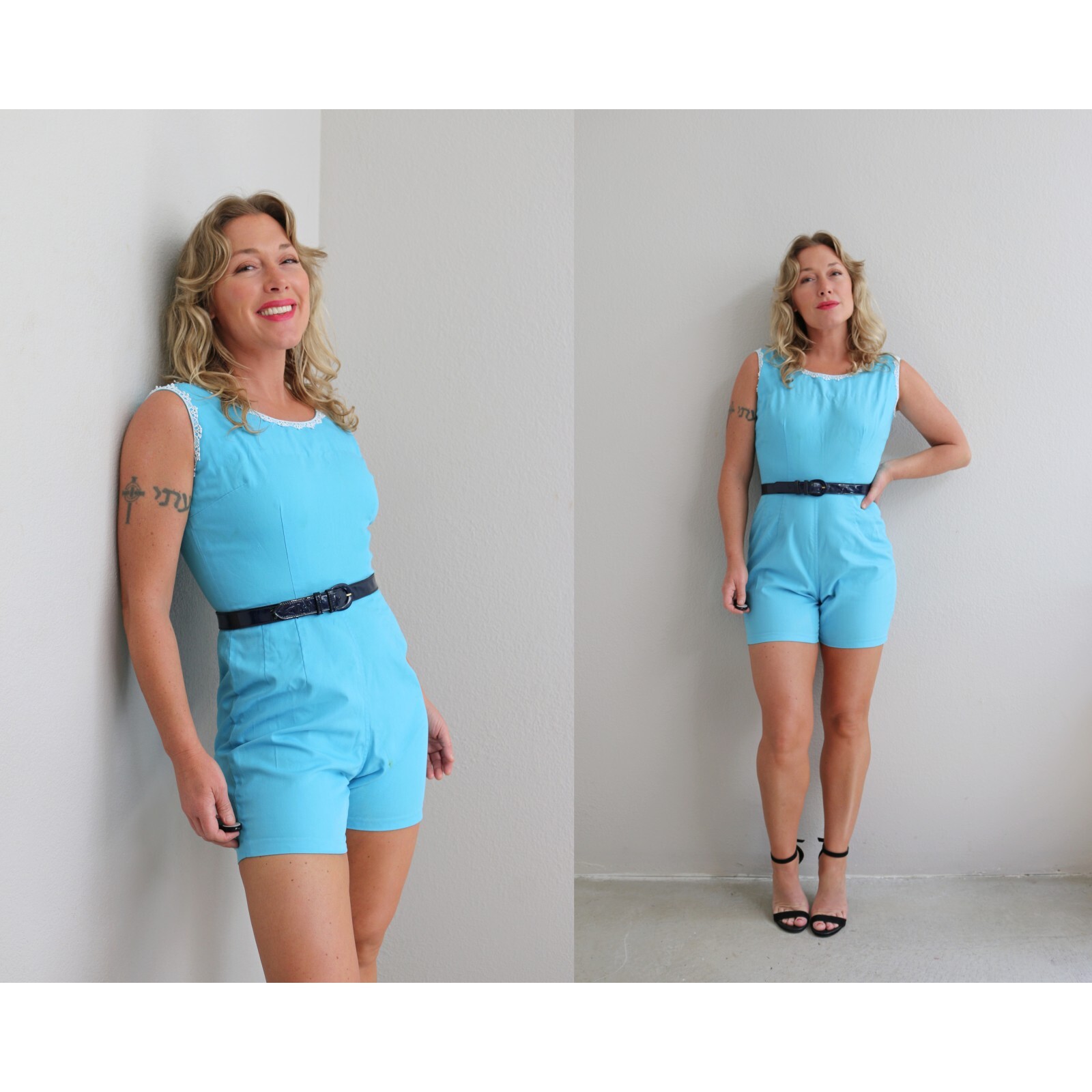 1960s Vintage Aqua Blues Summer Romper ~ Women&rsquo;s XXS to XS 0 2 4 ~ Sleeveless