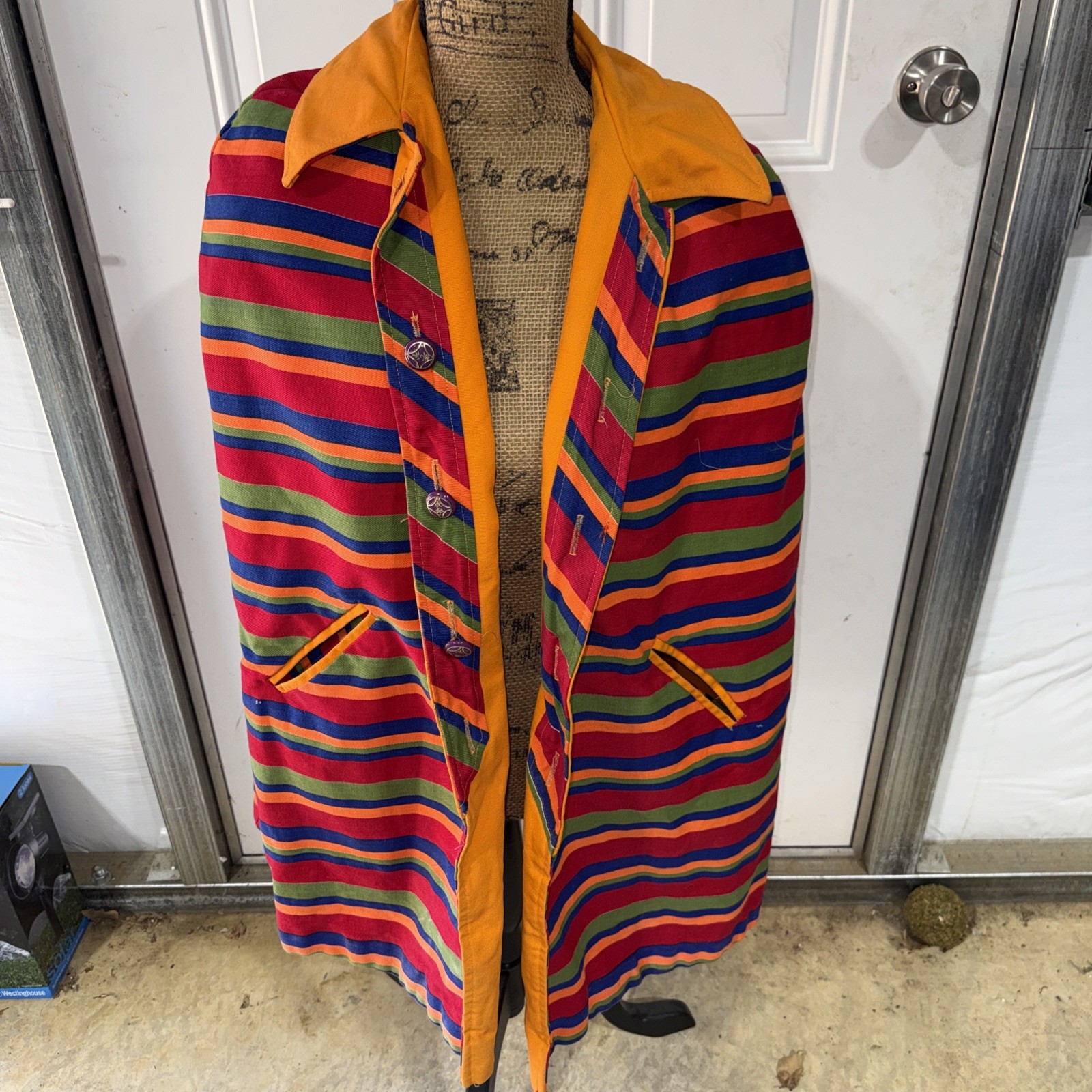 Amazing Vintage 60s Canvas Reversible Rain Cape Poncho Stripes And Orange Solid