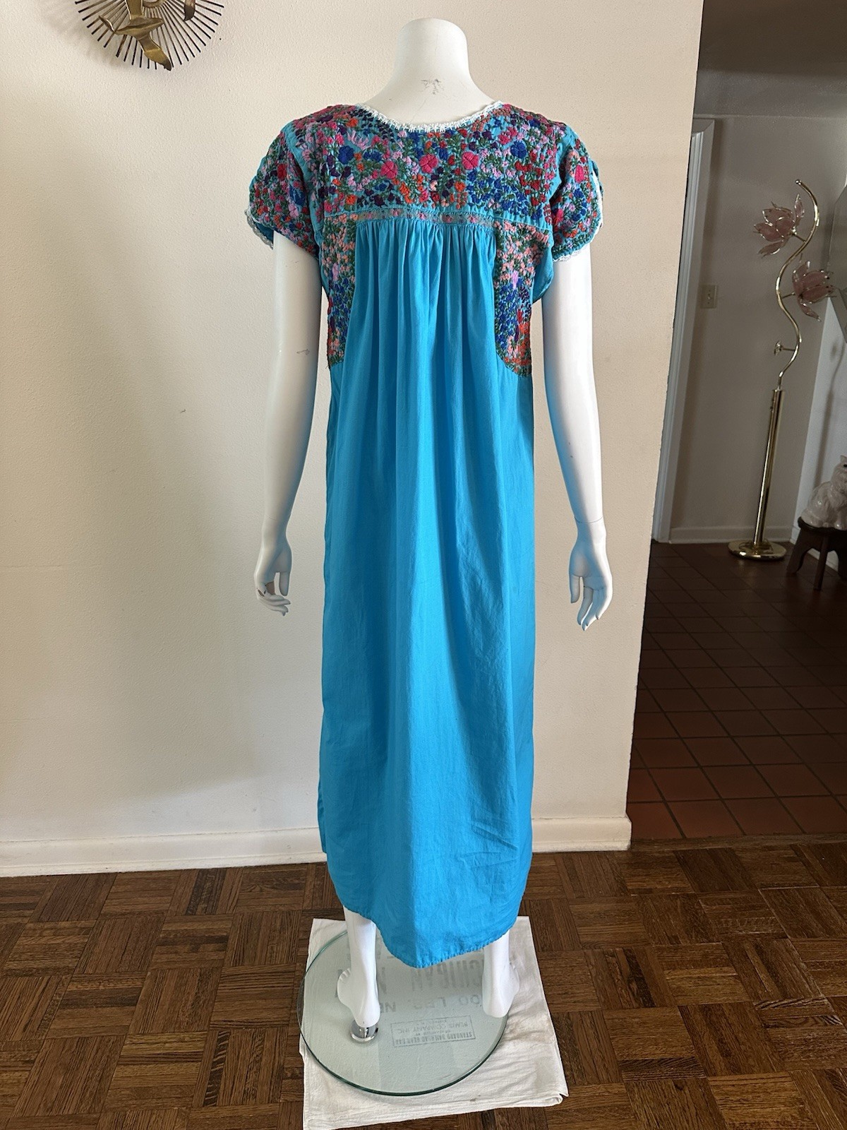 1970s Cotton Oaxacan Mexican Huipil Dress Embroidered Maxi STAINED AS IS Vintage