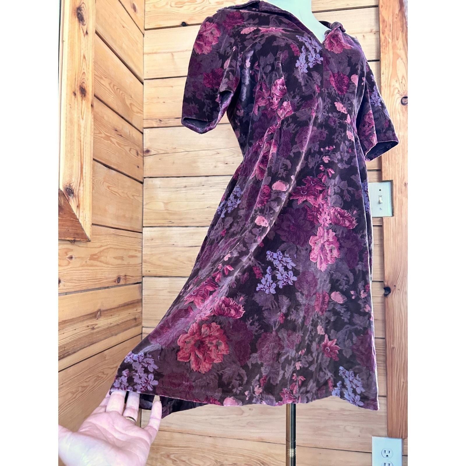 Vintage Thick Velour Floral Midi Dress Womens Large Plum Purple Handmade 70&rsquo;s