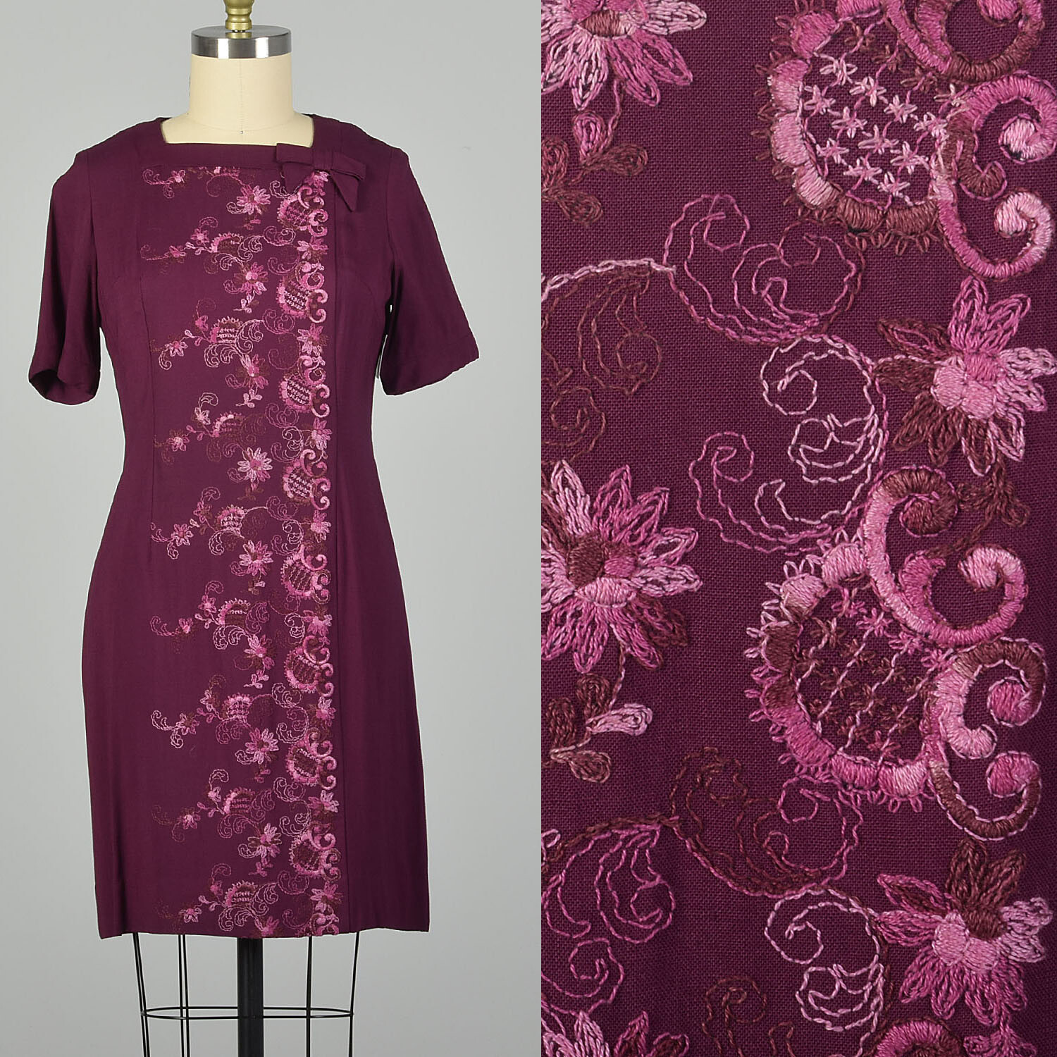 Large 1960s Fuchsia Dress with Embroidered Front Short Sleeve VTG 60s