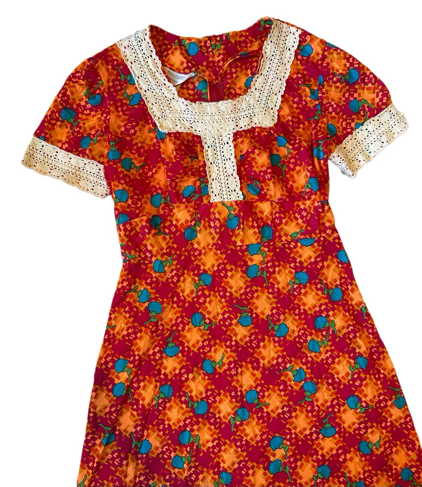 Vintage 70s JC Penny Nylon Dayglo Prairie Disco Crochet Orange Maxi Dress Vtg 17