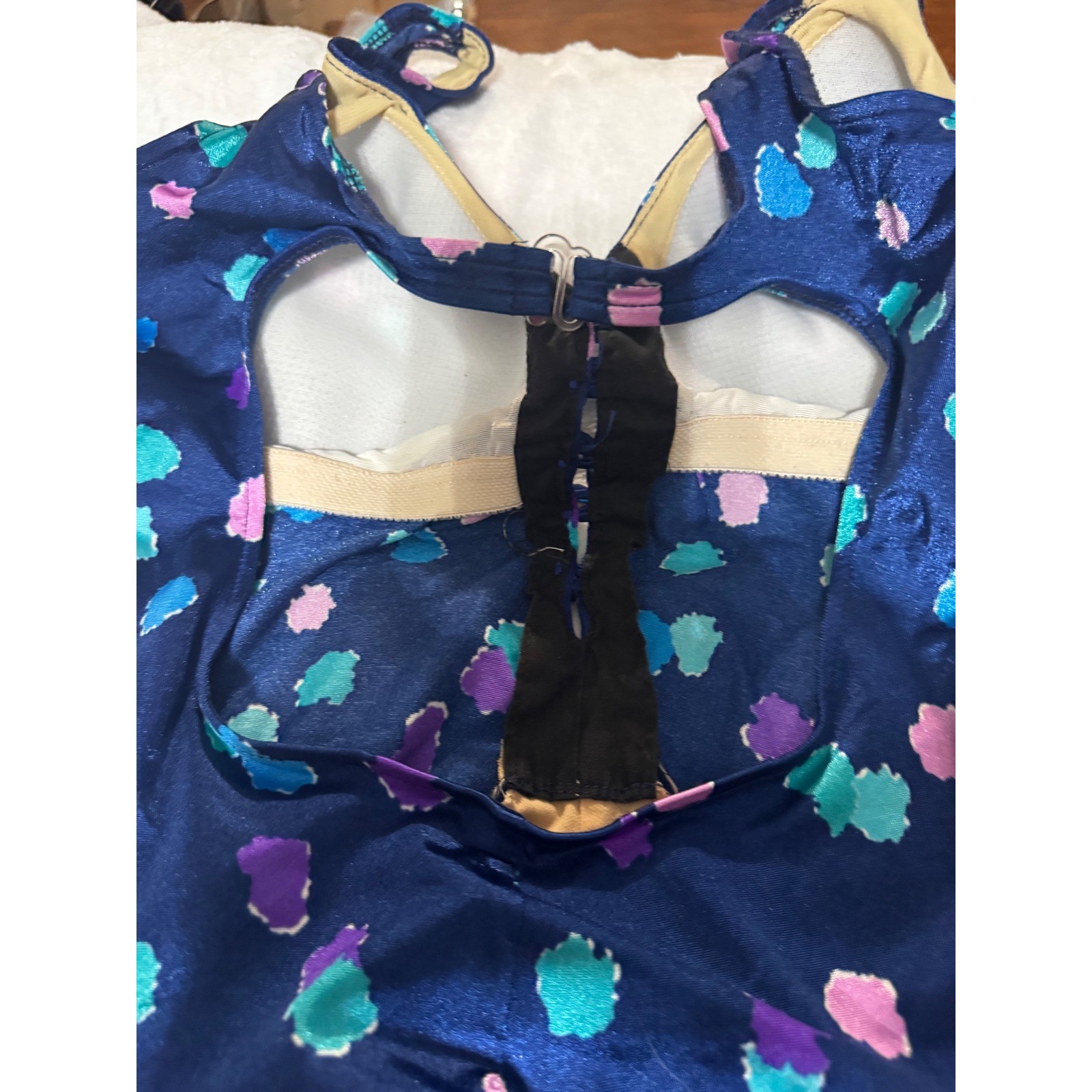 Maxine of Hollywood Vintage One Piece Swimsuit Navy Blue Abstract Polka Dot 16