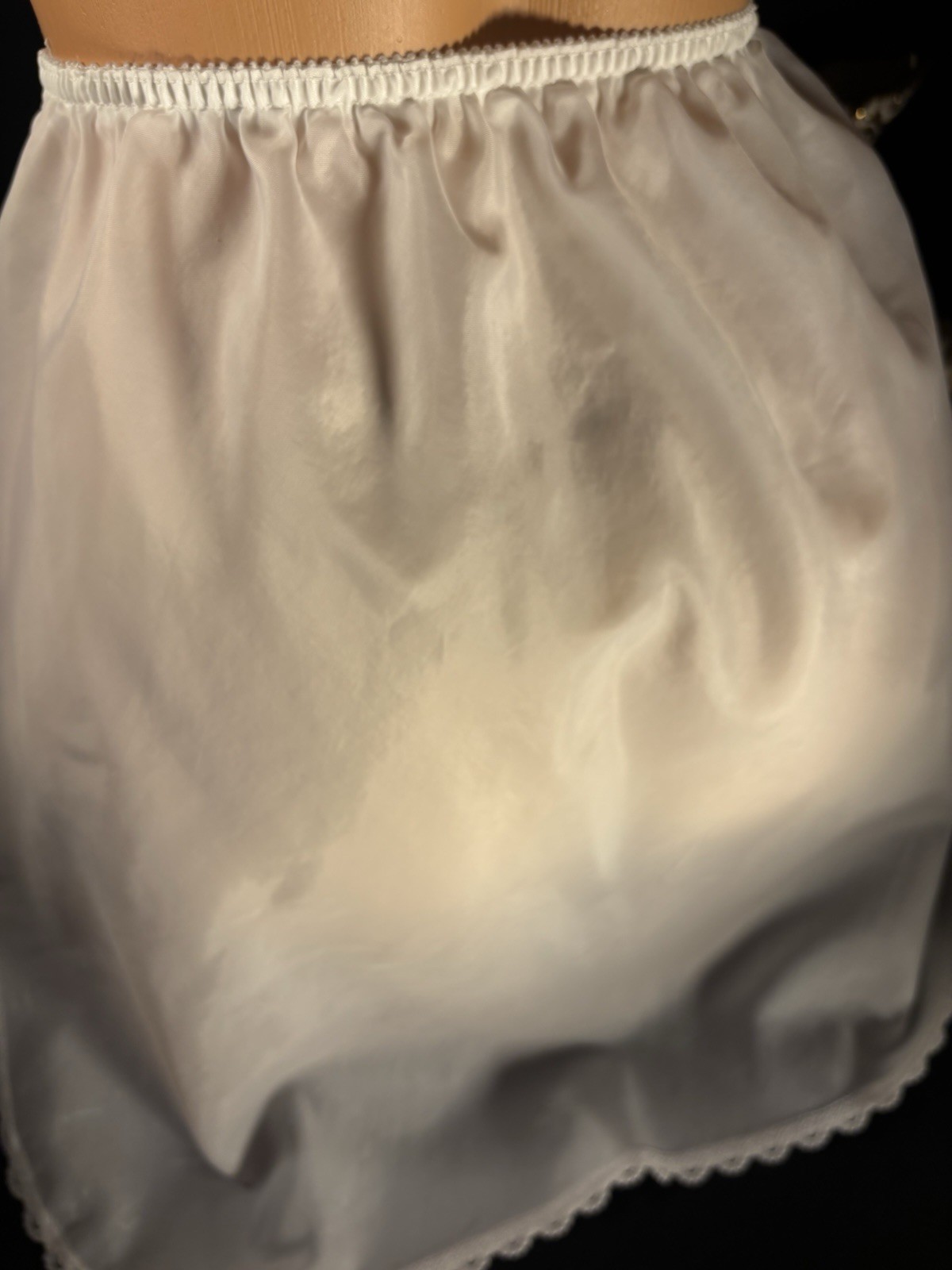 Vtg SATIN THIN TISSUE SHEER MINI SLIP SKIRT Oily Wet thin LINGERIE OFFICE SISSY