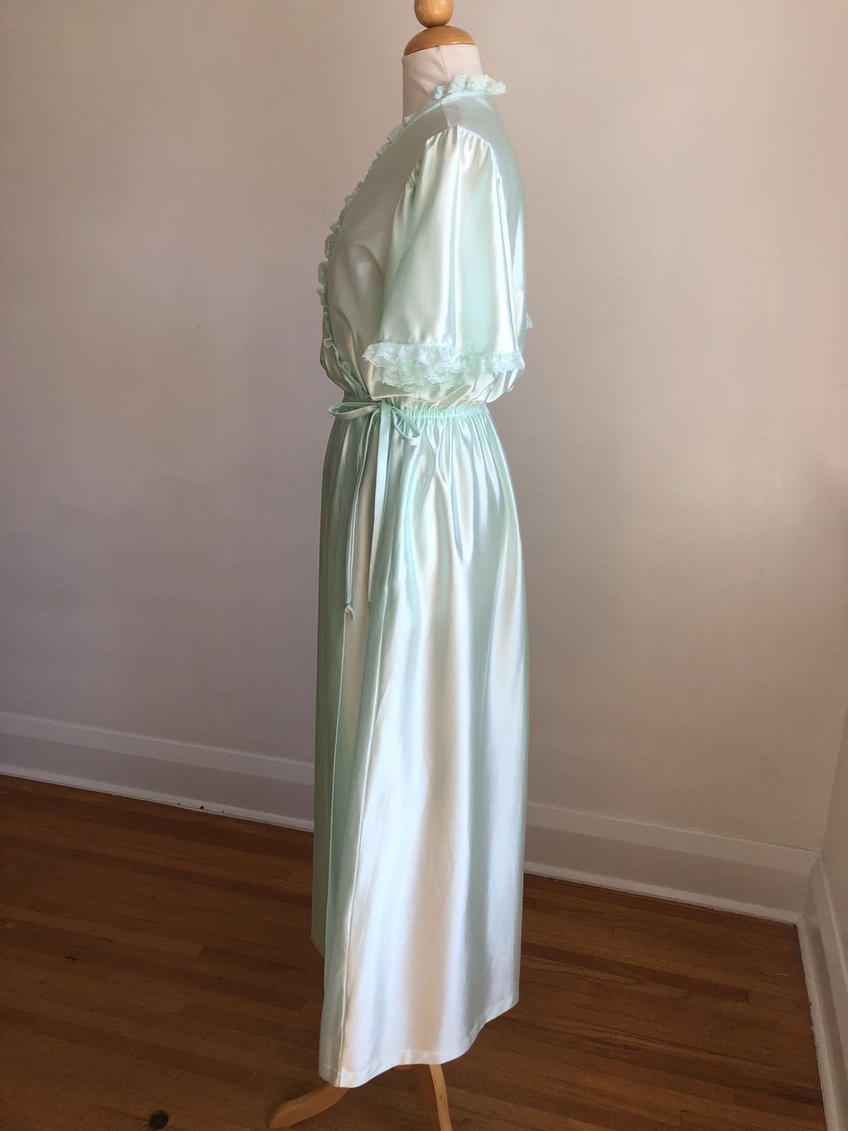 GORGEOUS VTG VAL MODE Blue Lacey Full-length Robe Dressing Gown Lingerie SZ M