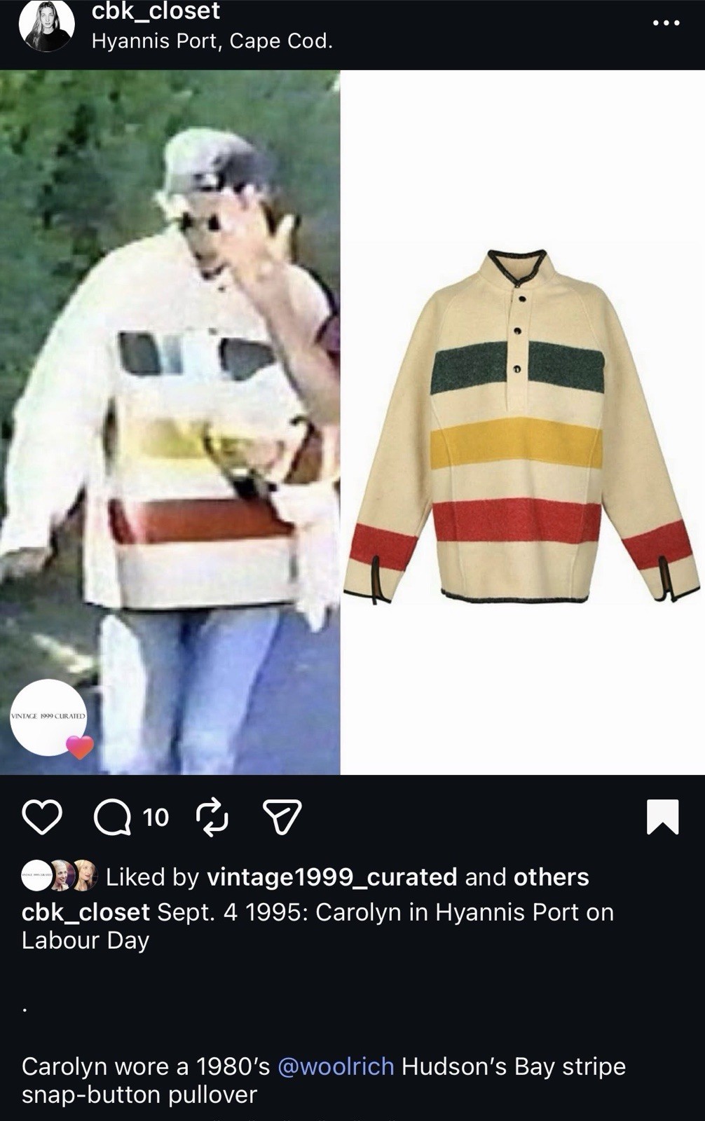 SEEN ON Carolyn Bessette Kennedy Woolrich 80s Stripe Pullover sweater jacket
