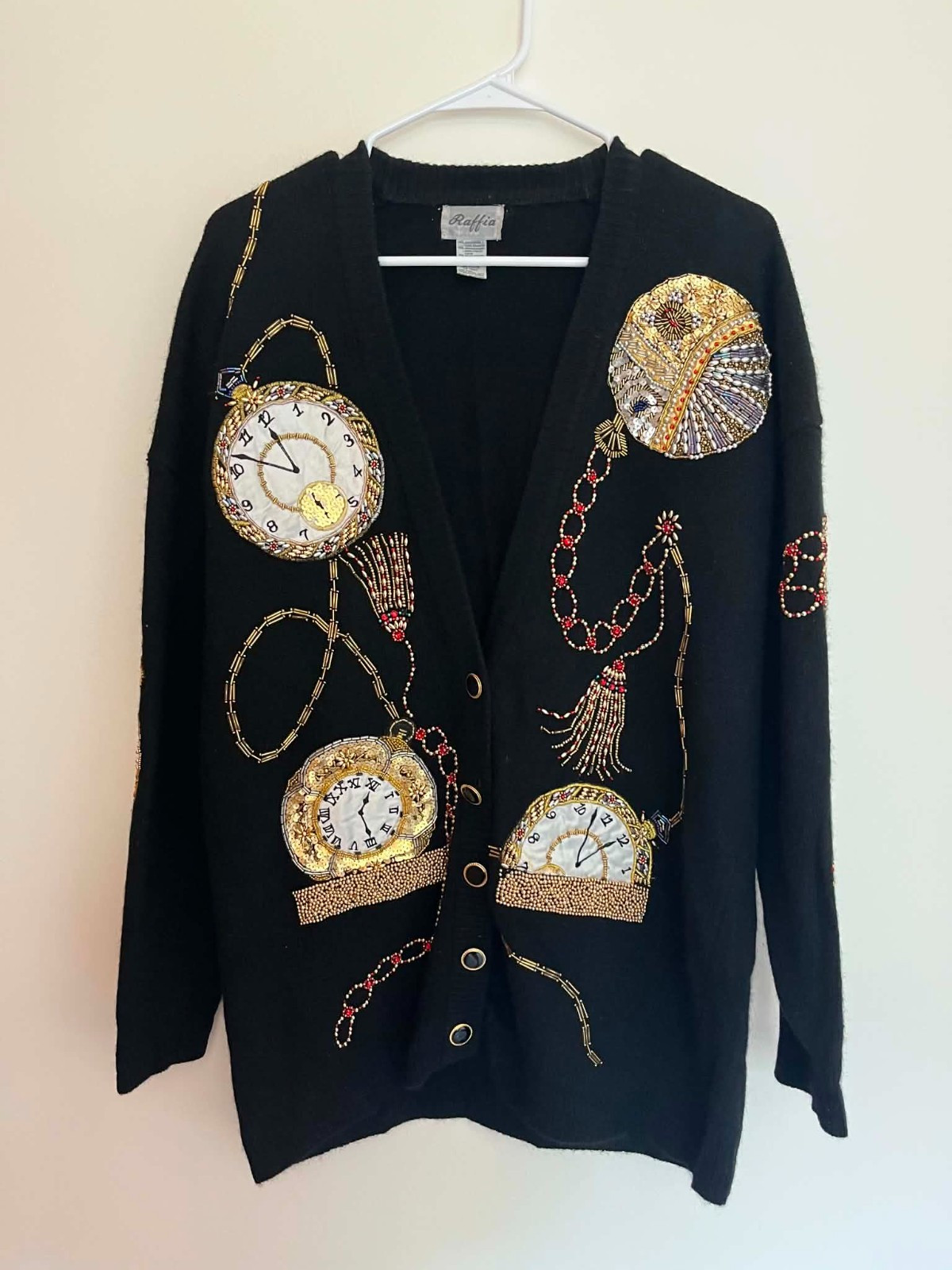 Vintage 80s 90s Black Raffia Cardigan Lambswool/Angora Pocket Watch Beadwork