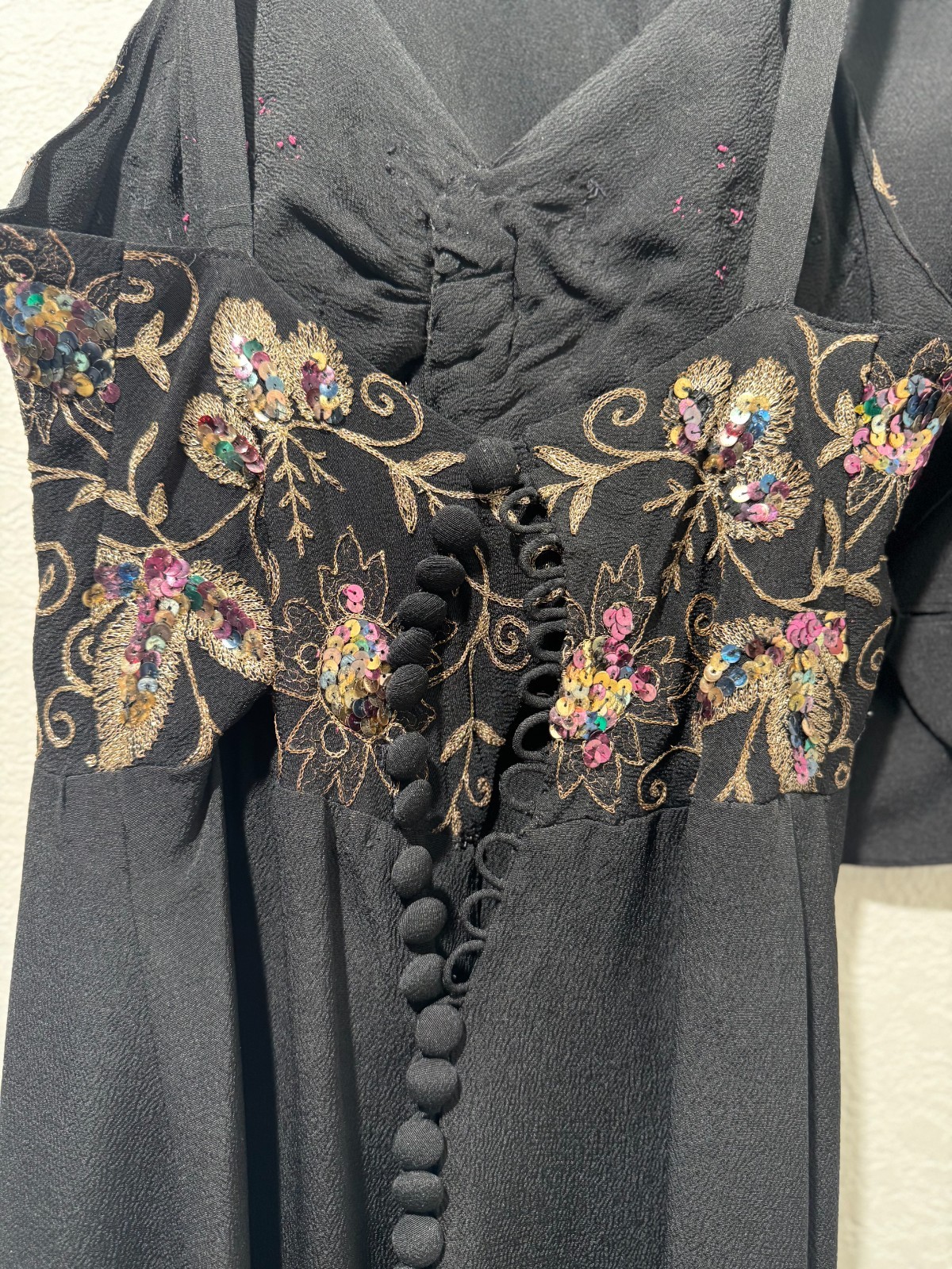 Eisenberg Maxi Dress Jacket Sequin Embroidered Rayon 2PC Formal Black 1940s Sz S