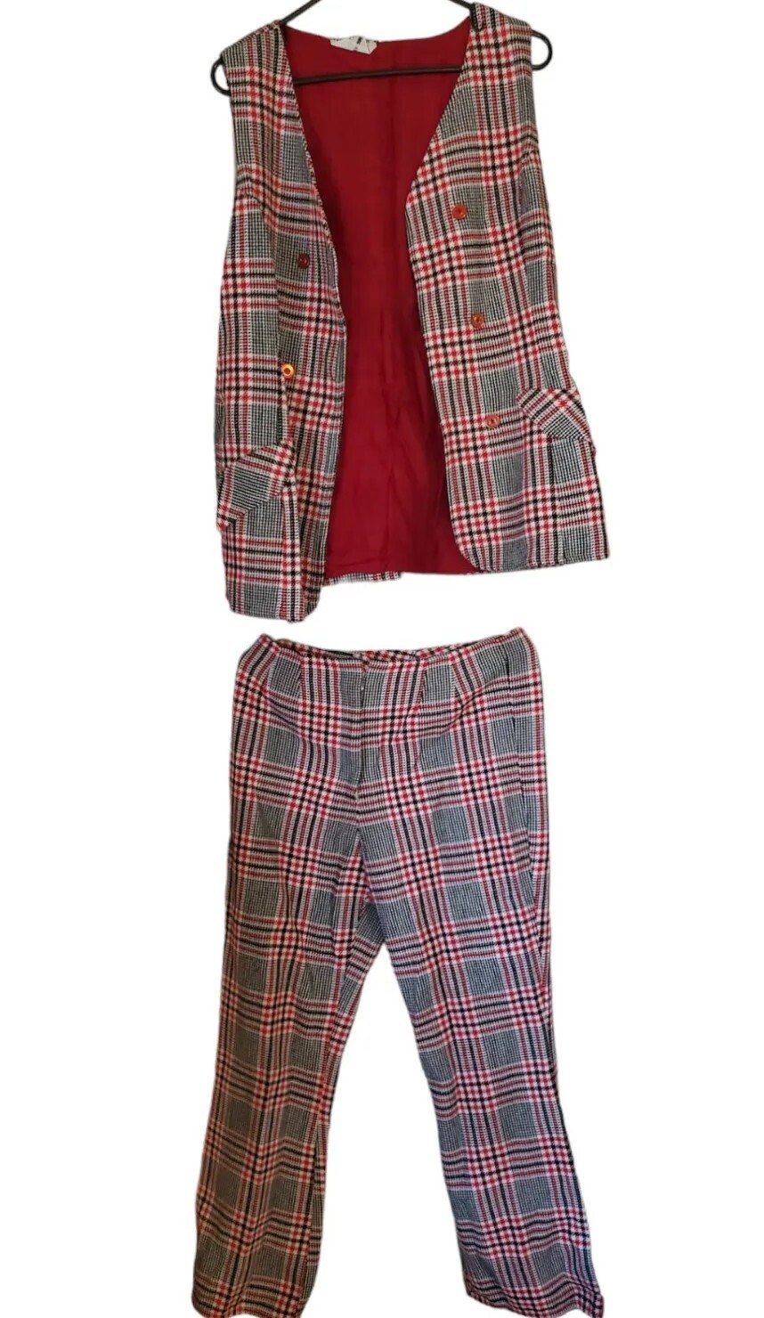 Vintage BRADY BUNCH Halloween Costume Women&rsquo;s HIPPIE Red Plaid Vest Bell Bottoms