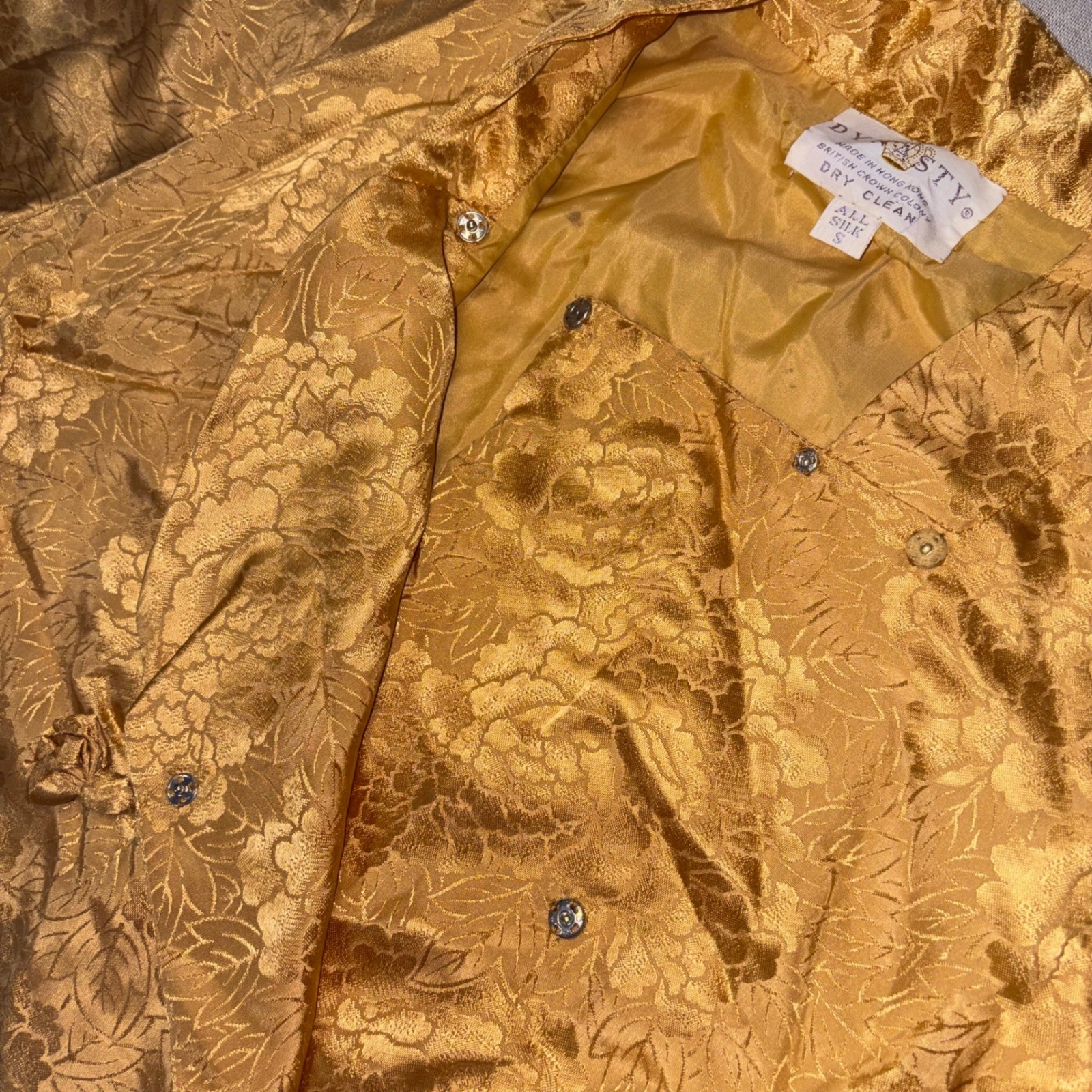 Vintage Dynasty Gold Silk Damask Floral Brocade Maxi Robe Gown Hong Kong S