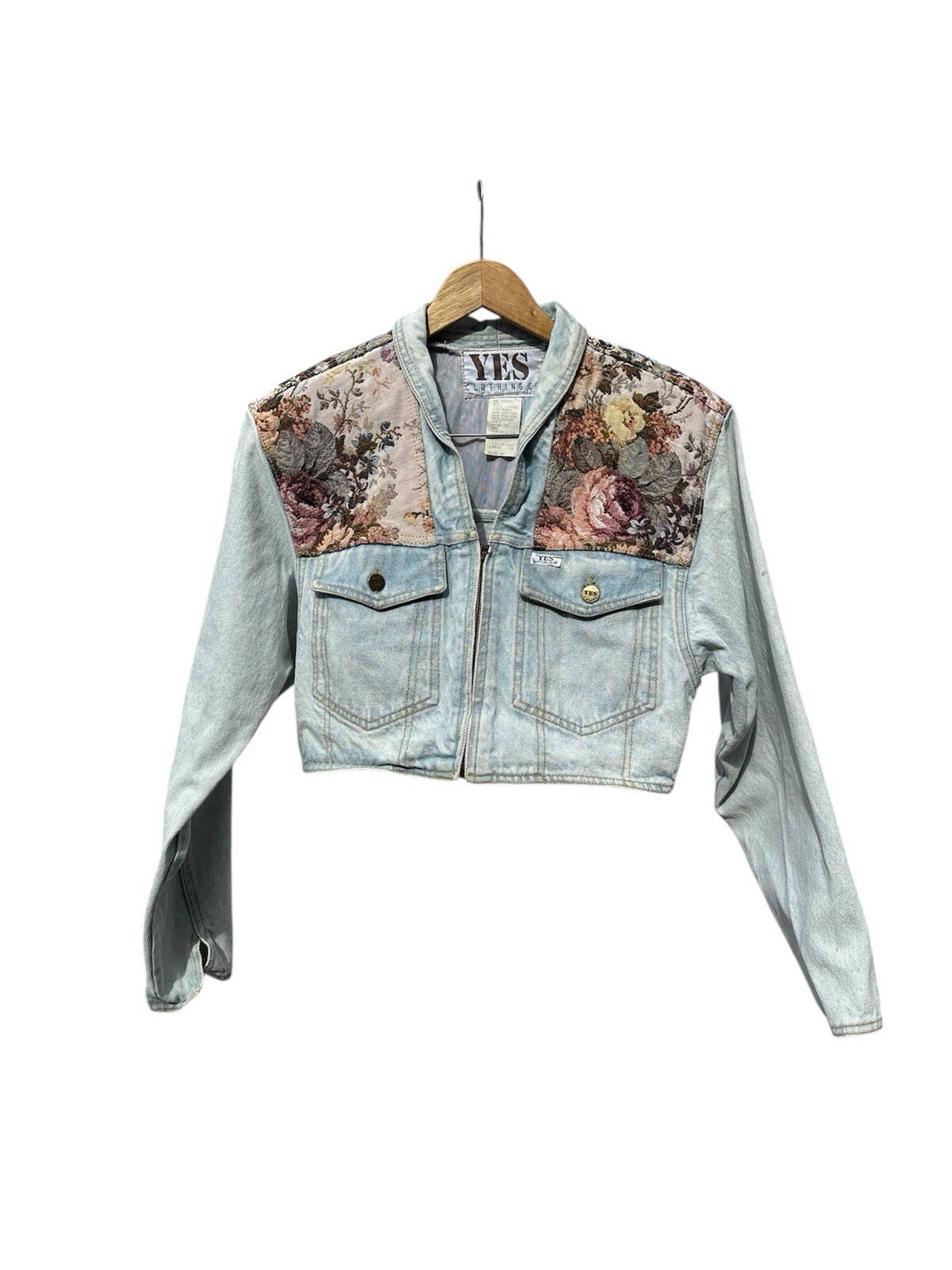 1990s, Vintage Denim Jacket Skirt Set, Cropped Tapestry Floral, YES Brand, Small