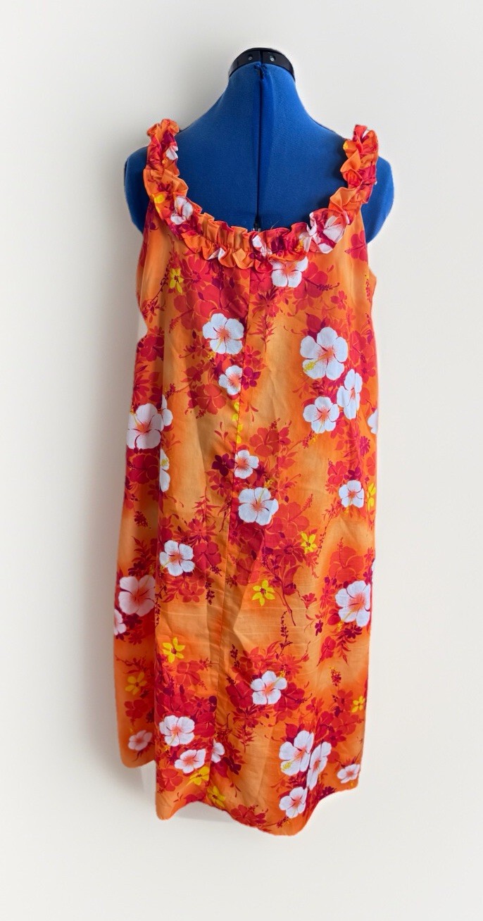 Vintage 70s Hukilau Paradise Hibiscus Floral Red Orange Ruffle Hawaiian Dress