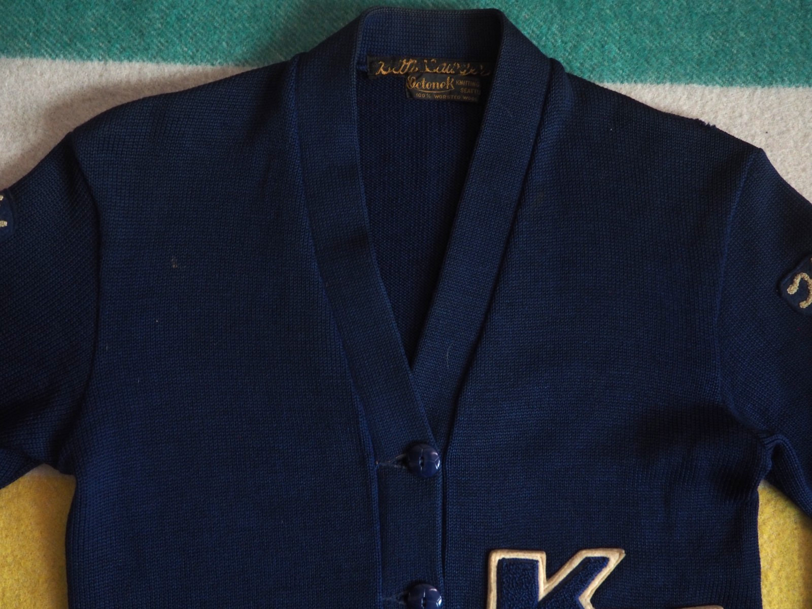 VTG 50s Octonek Seattle Navy Blue Button Wool Varsity Letterman Sweater Womens S