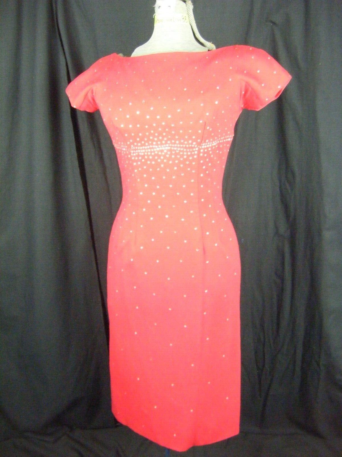 FIVE-THIRTY P.M. Vtg 50s Red Fine Wool Rhinestones Cocktail Dress-Bust 35/2XS-XS