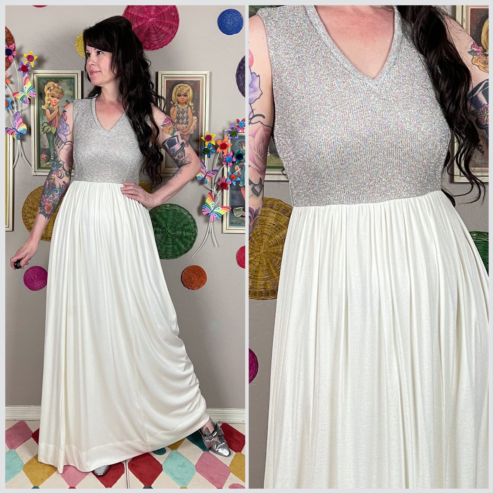 Vintage 1970s Sleeveless Glitter Knit and Jersey Maxi Dress | 24&Prime;-28&Prime; Waist