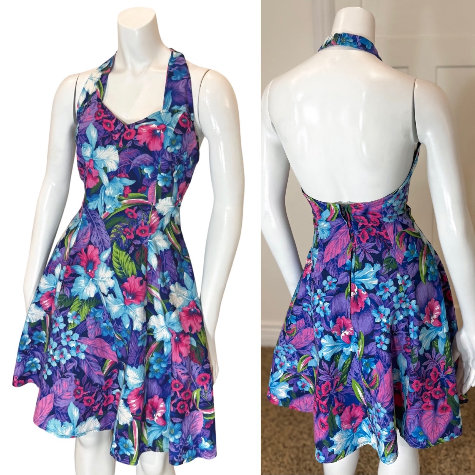 Vintage 80&rsquo;s COTTON FLORAL HALTER DRESS M Party Festival Summer Beach Vibrant