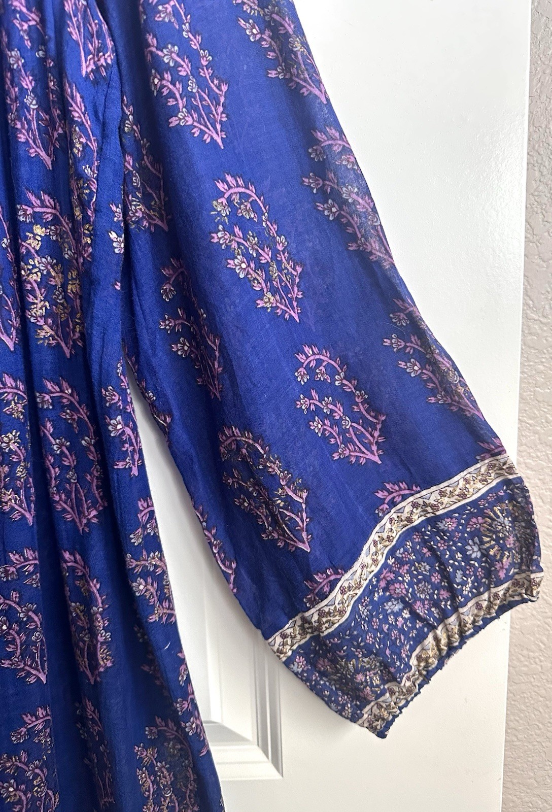 Vintage 70s Phool Style Indian Thin Cotton Blue Purple Dress Boho Hippie Sz M