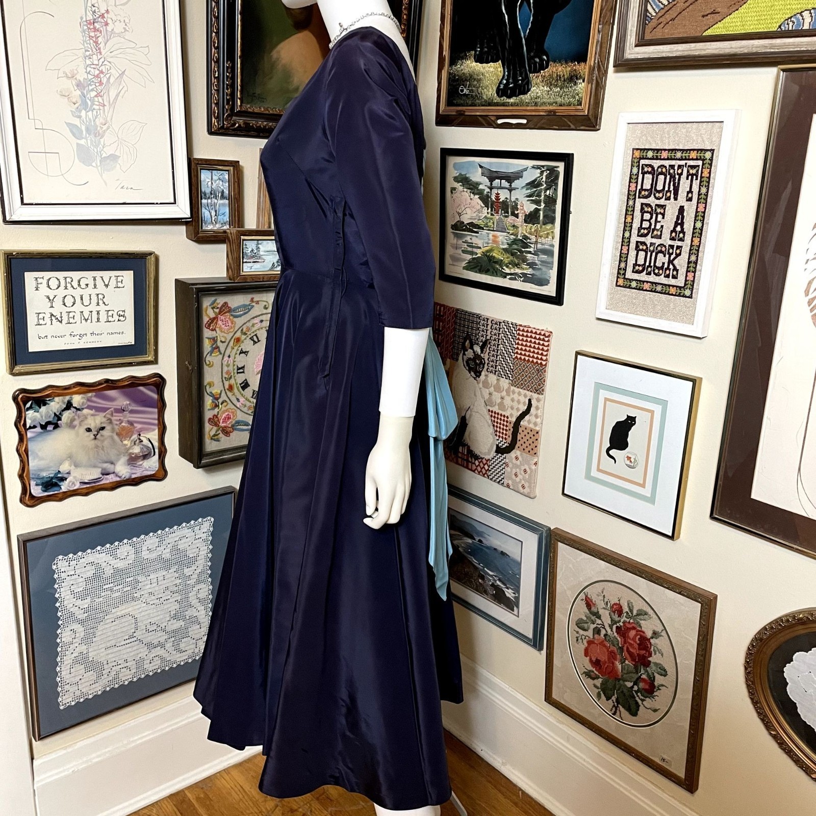 50s Vintage Midnight Blue Faille Scoop Neck Party Dress with Lacing and Butt Bow