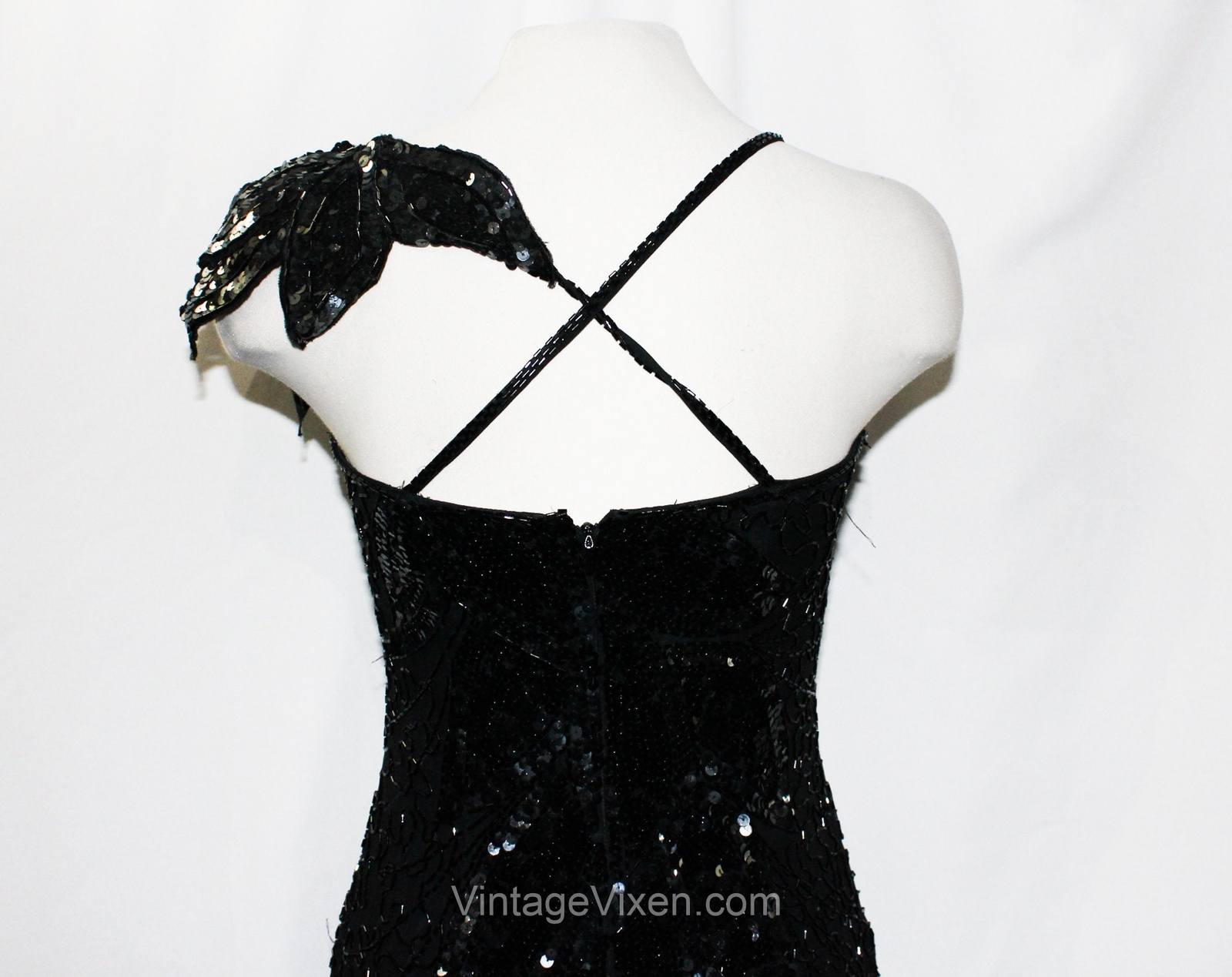 Sexy Black Party Dress – Small Glam Disco 80s Beads & Sequins Size 4 Asymmetric