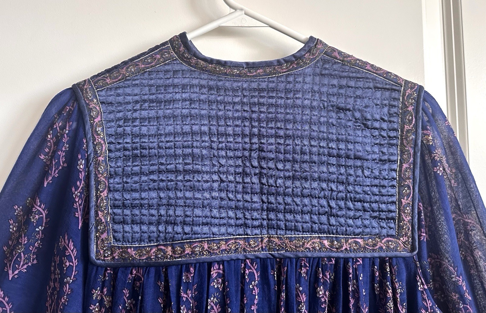 Vintage 70s Phool Style Indian Thin Cotton Blue Purple Dress Boho Hippie Sz M