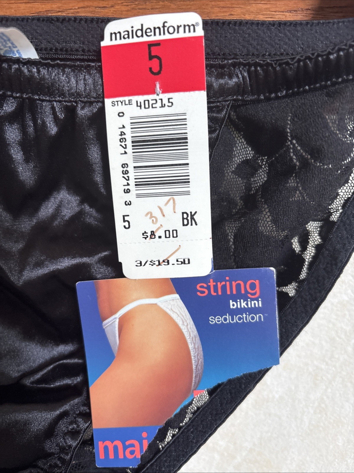 Vtg nwt Maidenform black Second Skin Lace String Bikini Style 40215 Size 5
