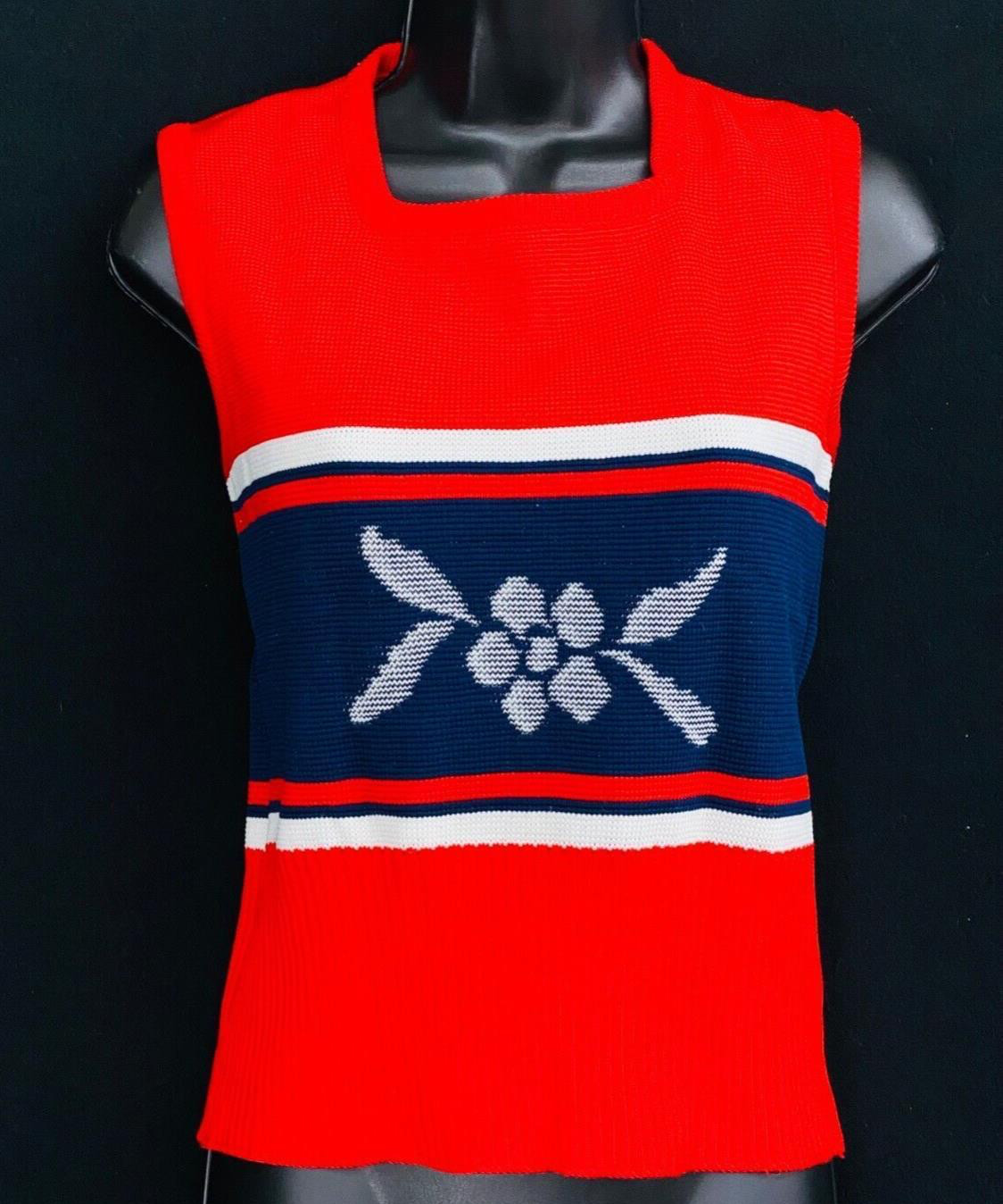 Vintage 1970s red white blue knit top, sleeveless floral shirt stripes summer M