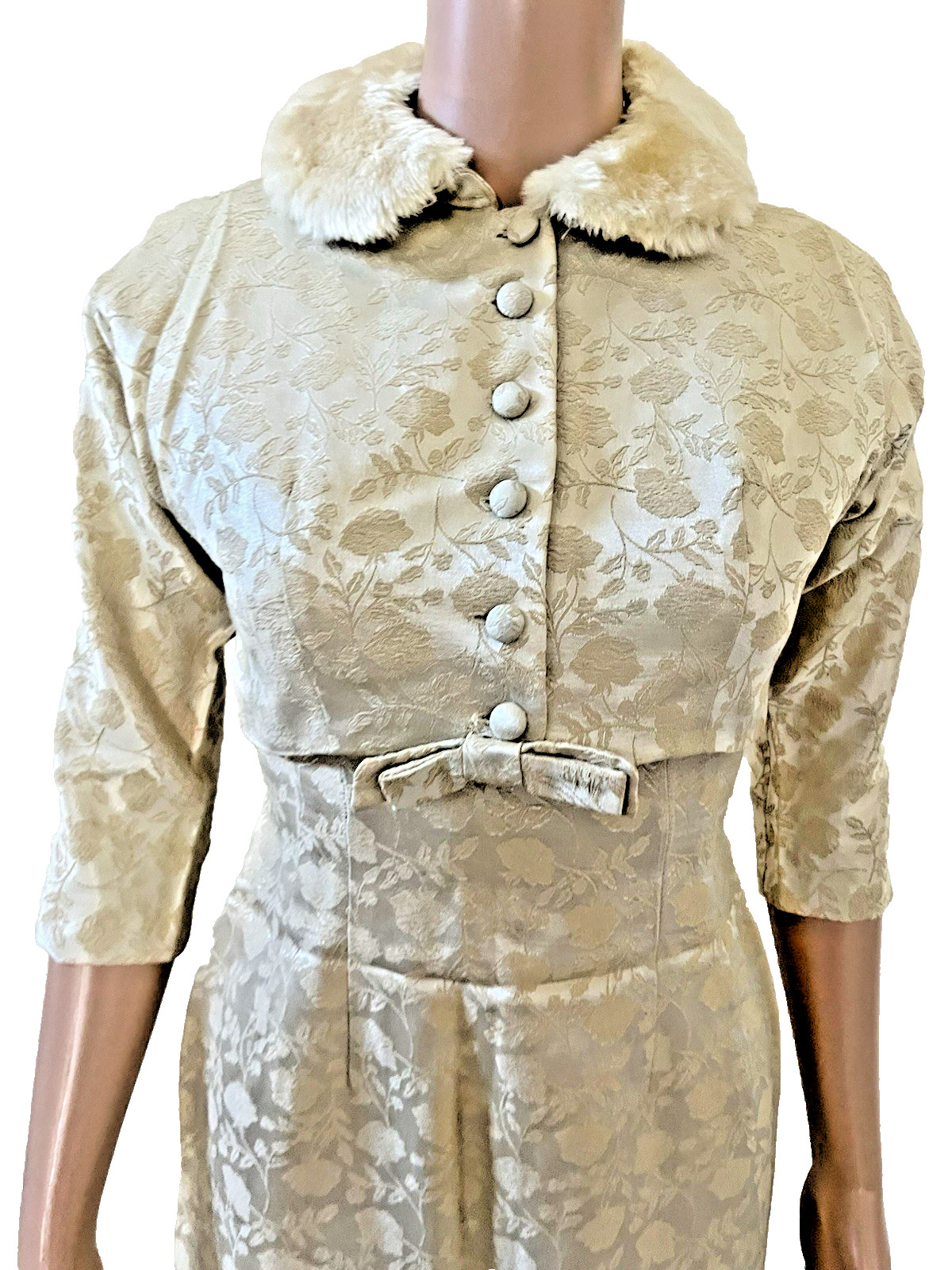 VTG 50s 2 Pc Fur Collar Crop Jacket & Ivory Damask Pencil Dress Suit Set Small**
