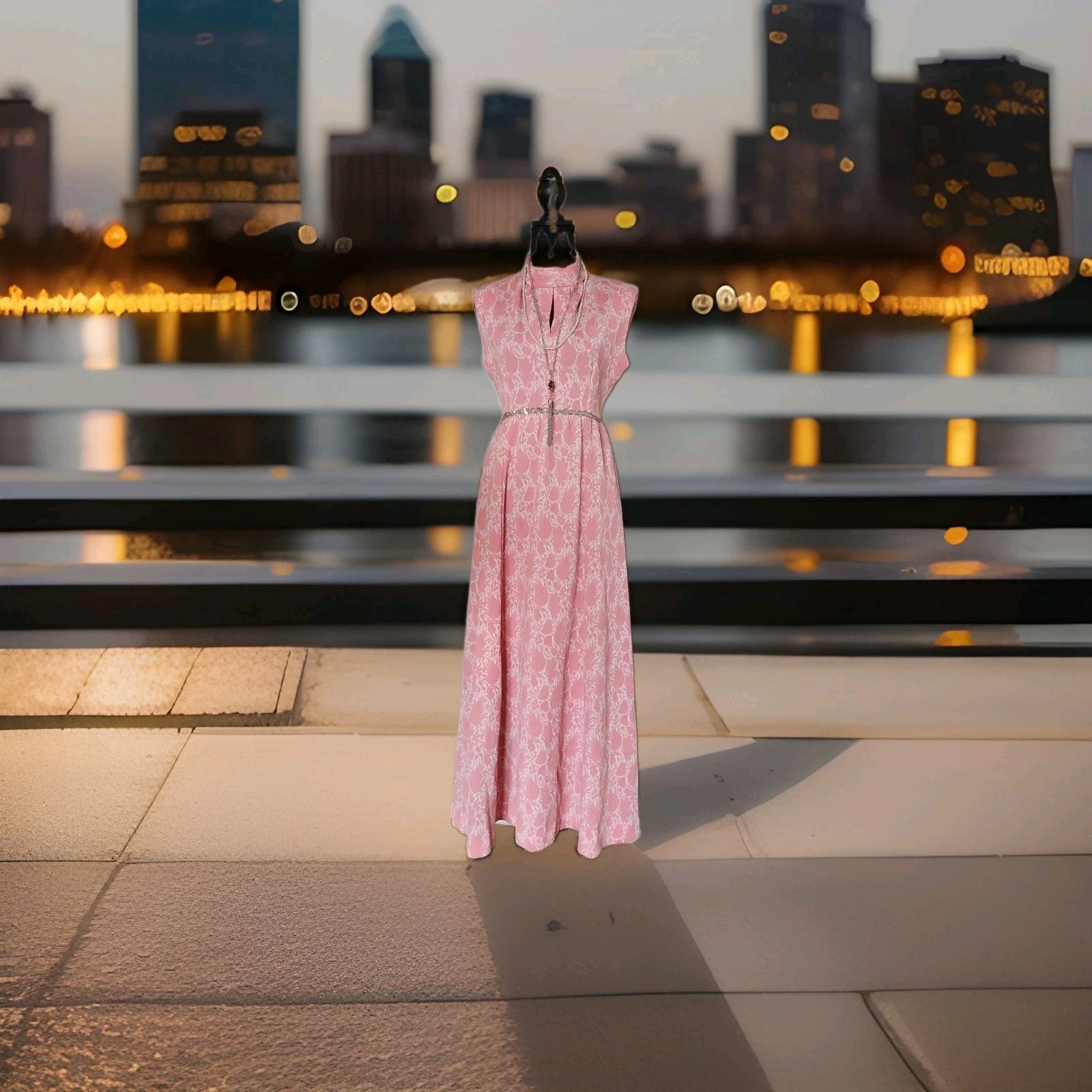 1960&rsquo;s MOD EMPIRE WAIST BROCADE COCKTAIL GOWN SPACE AGE METALLIC TRIM HIGH NECK