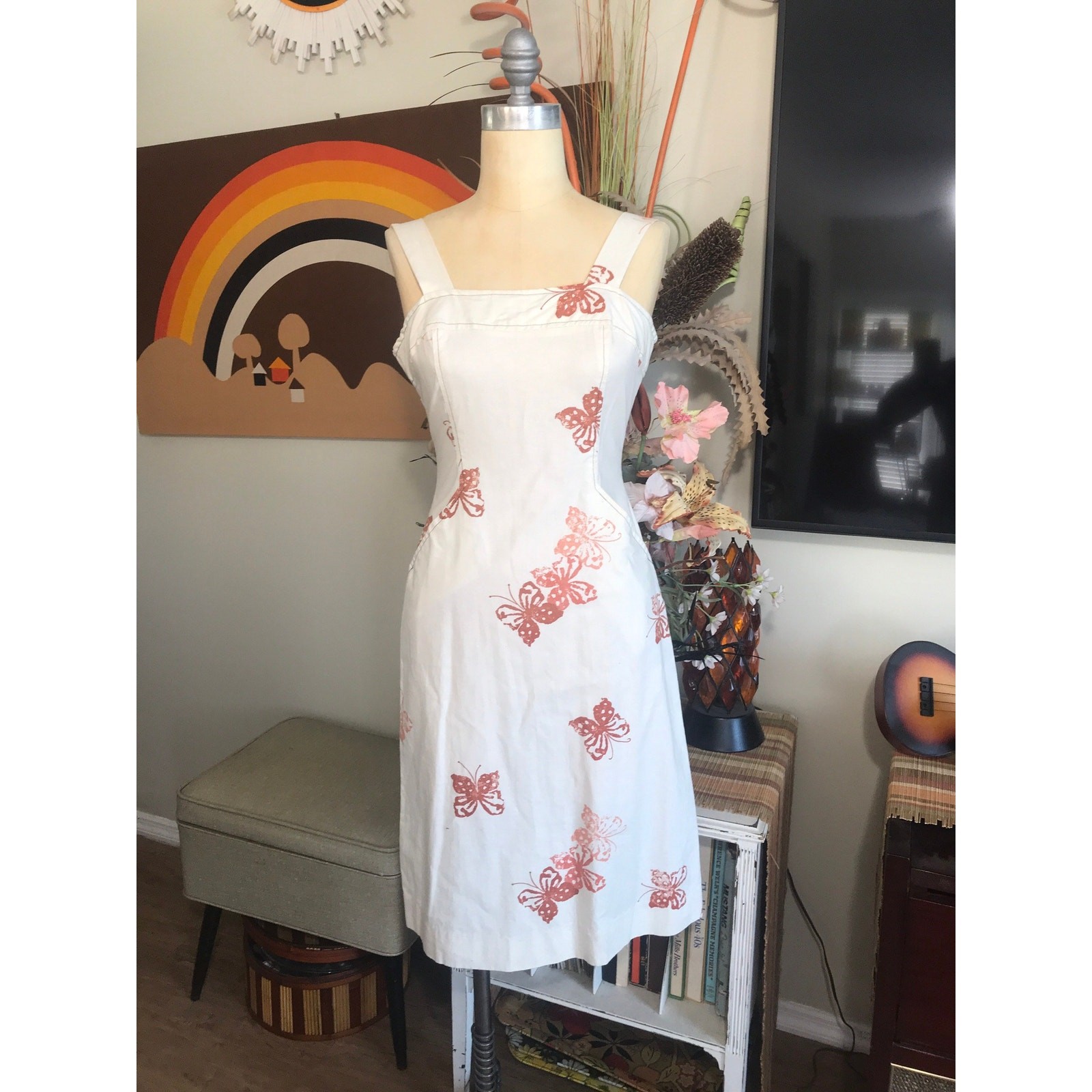 1970s Rachelle Lee Stevens Sundress Beige Butterfly Print Pocket Square Neck