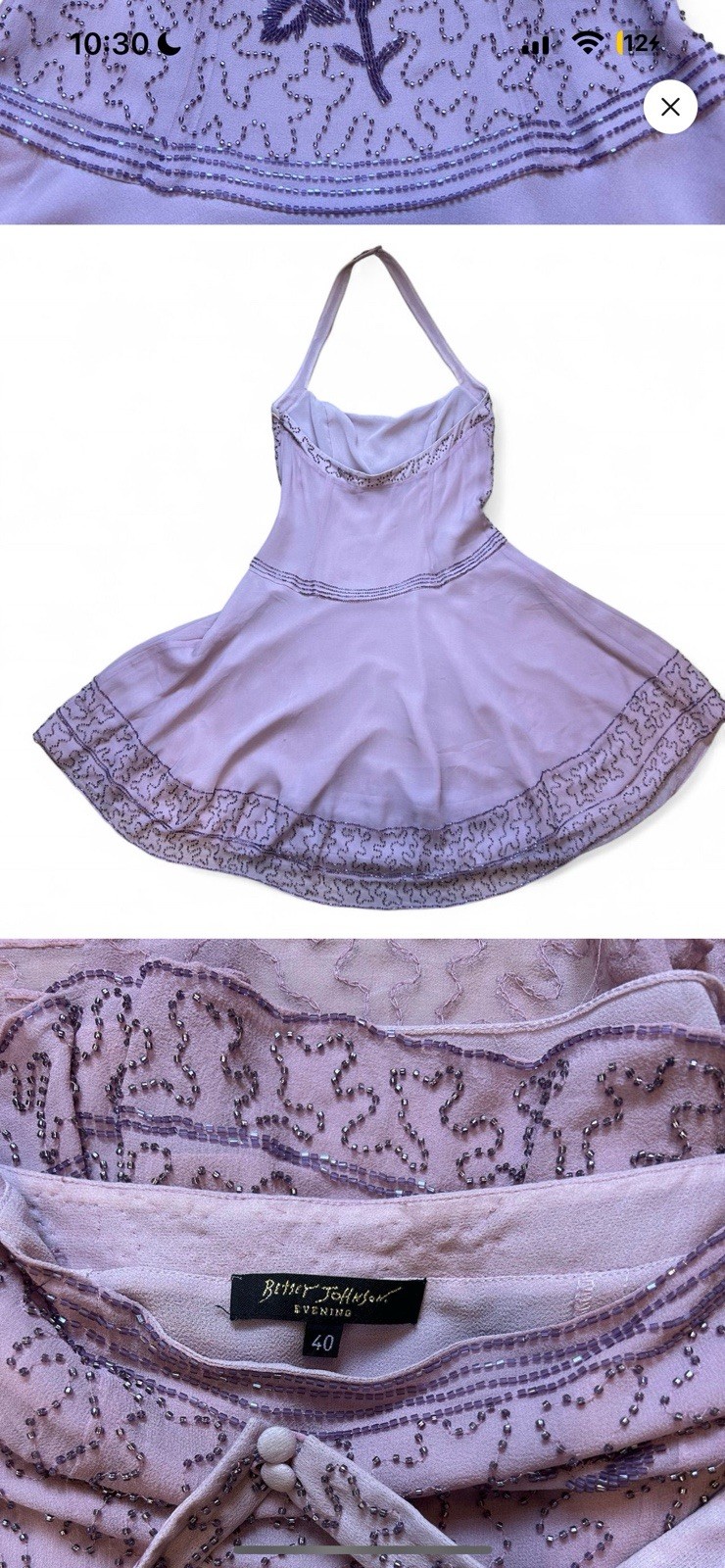 Betsy Johnson Evening Vintage Halter Dress 100% Beaded Euro 40 Size Small Purple