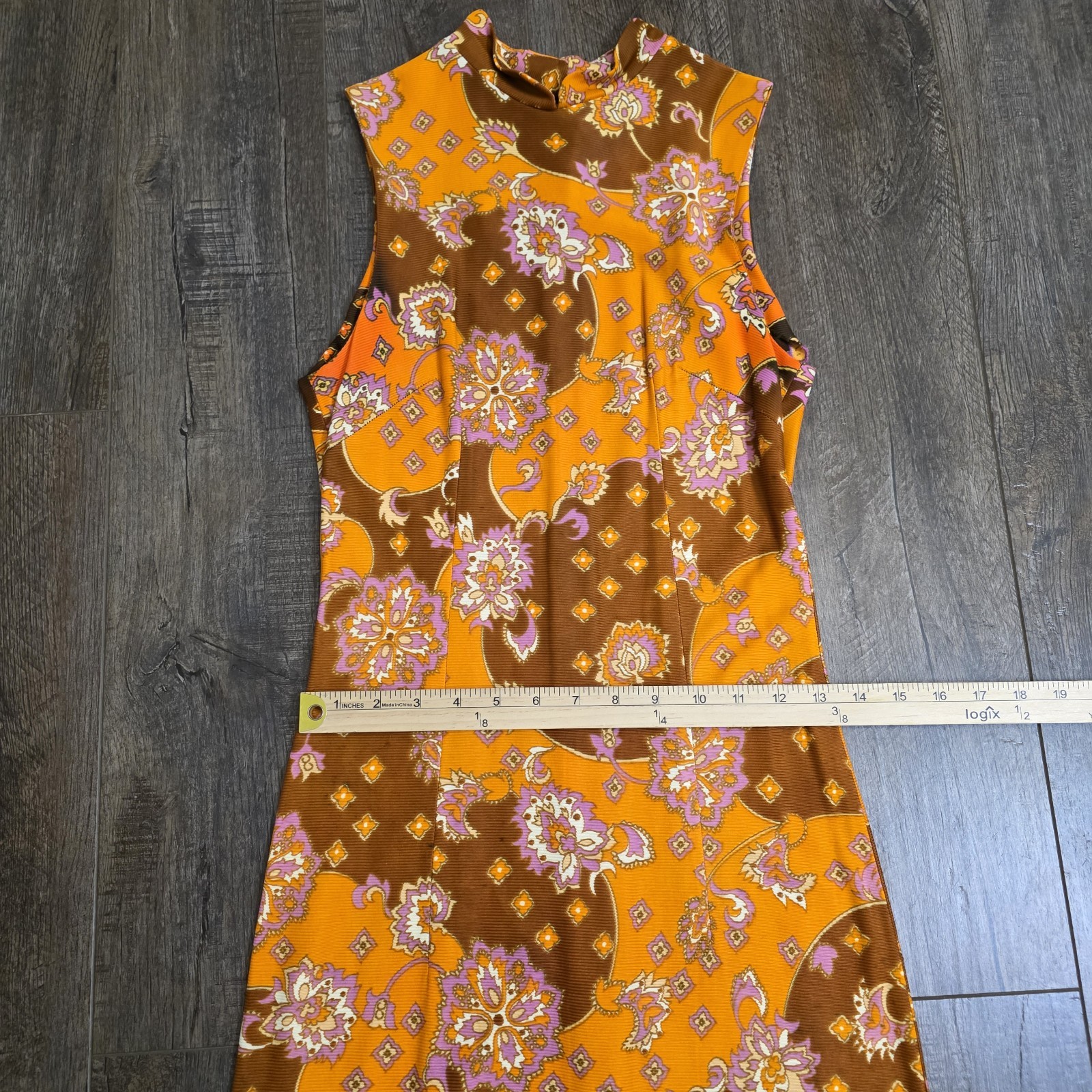 Vintage 60s 70s Maxi Dress Size 11 Orange Brown Floral Hippy Psychedelic Acetate