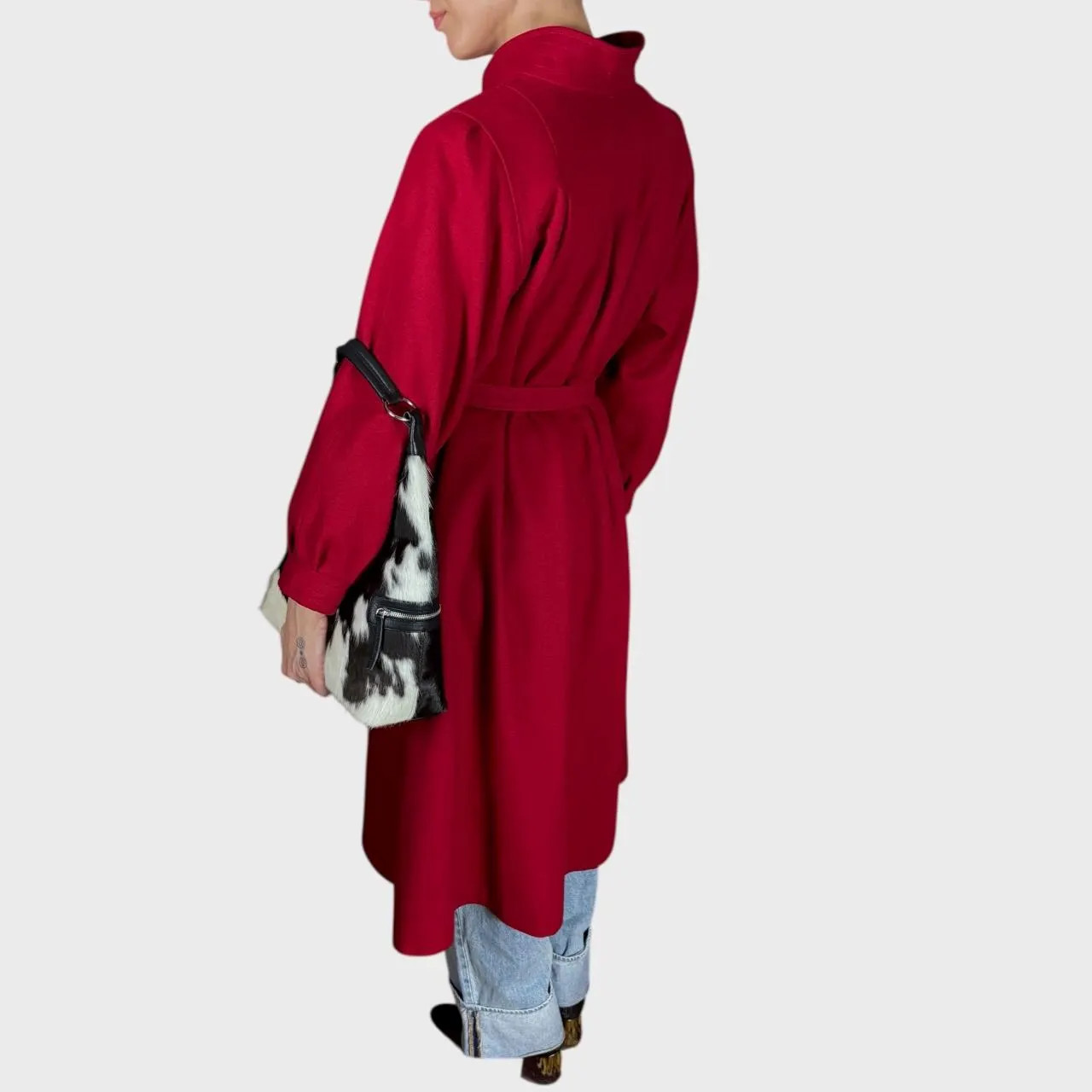 Vintage Red Wool Coat Belted Waist Elegant Longline Overcoat size US10; EU40