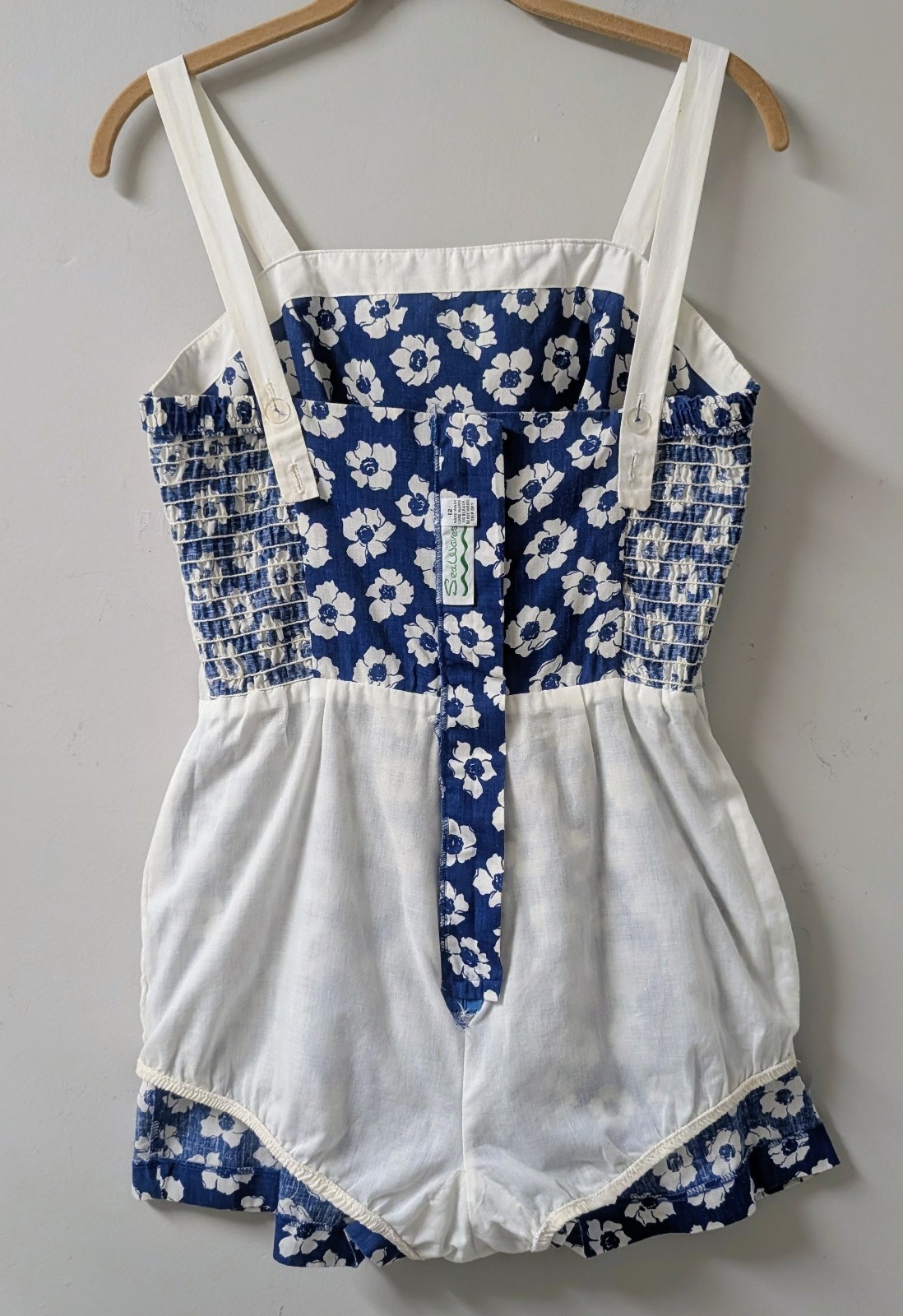 Vintage Sea Waves Floral Blue White Playsuit Romper Smocked Soft Bra S/M