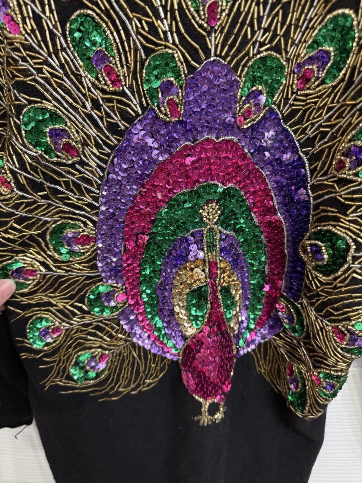 Vintage Angora Lambswool Peacock Beaded Sweater Black Sequin Hong Kong S