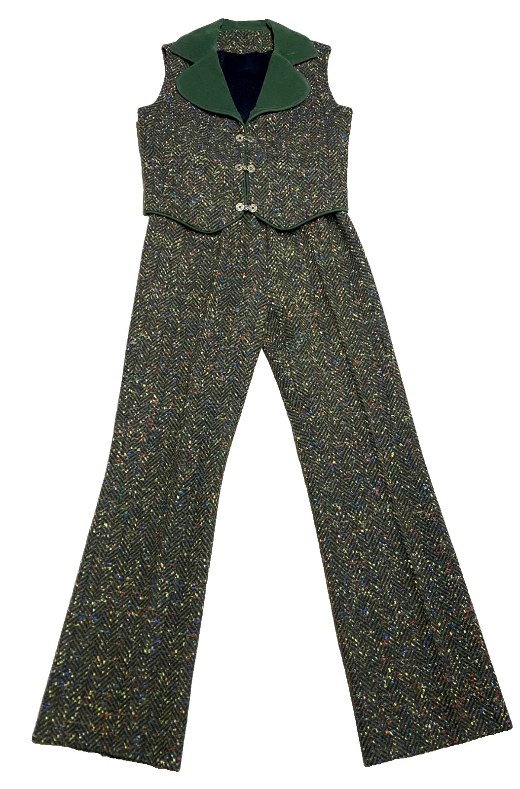 Vintage Tweed Pant Suit Vest Two Piece Set 60s Retro Green Bell Bottoms Handmade