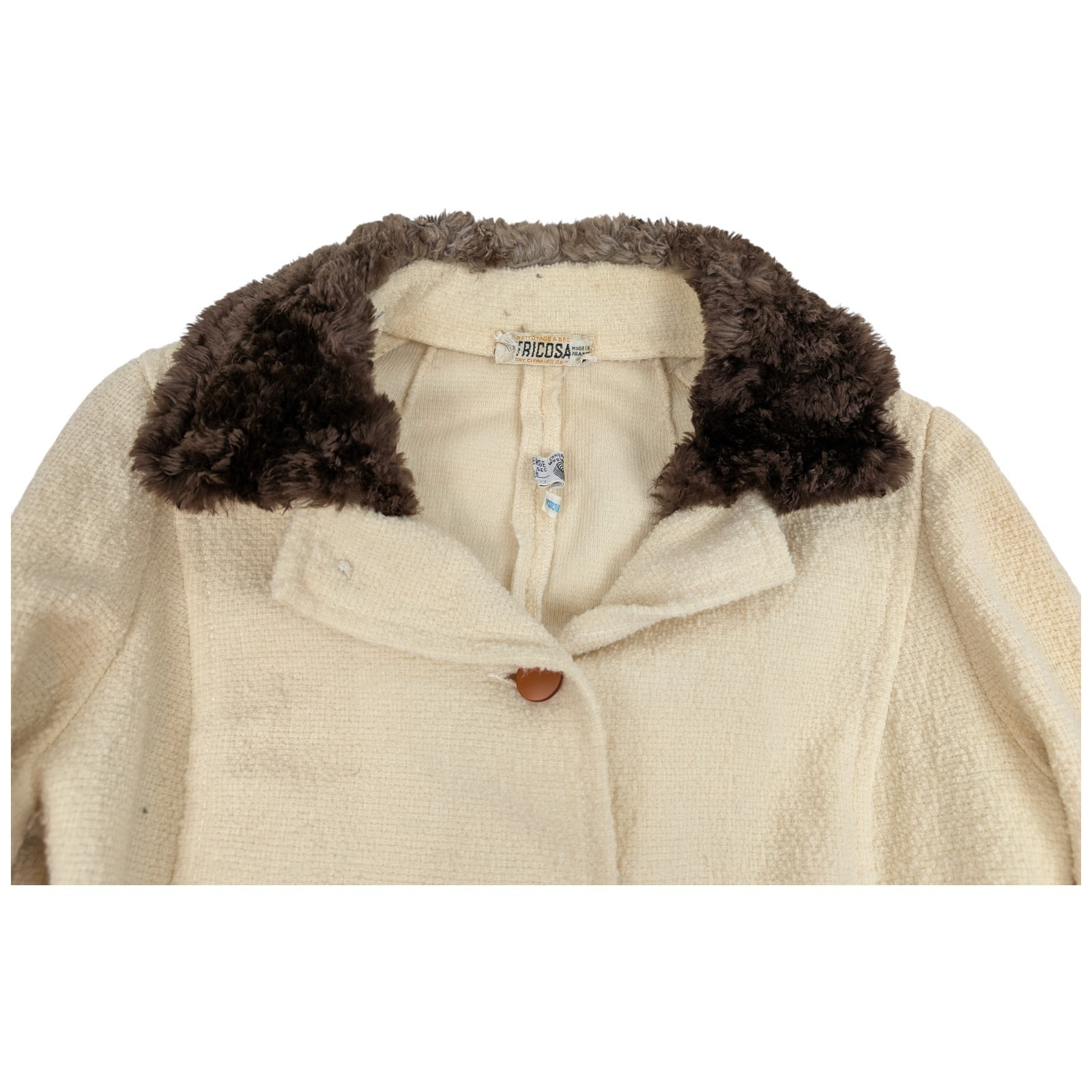 Vintage Tricosa Paris France 1970s Wool Dress & Jacket Cream w/ Faux Fur *READ