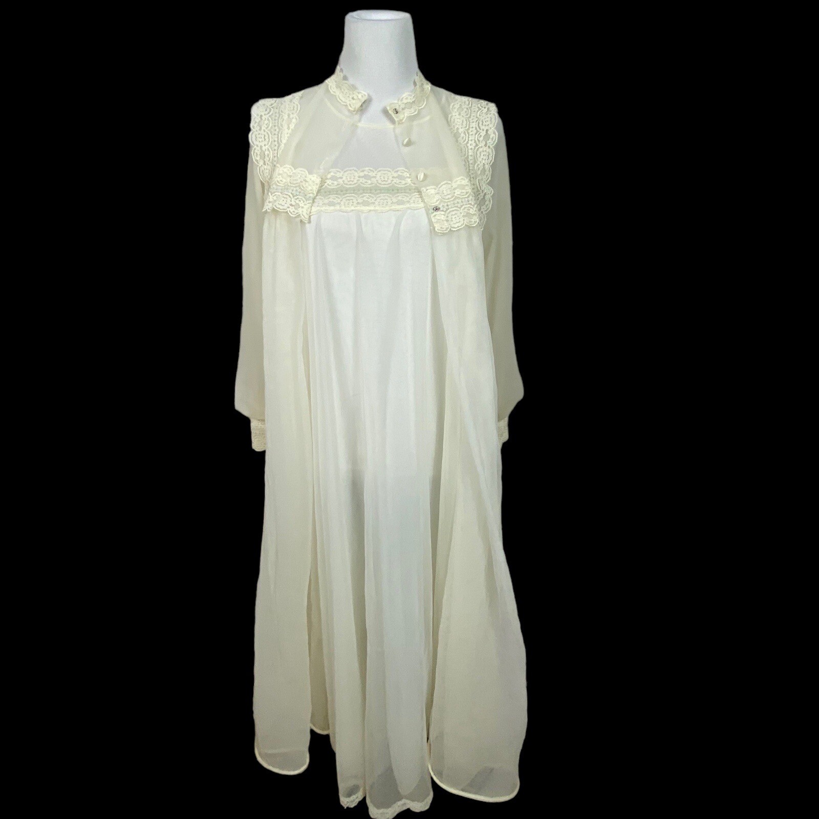 Warner&rsquo;s Vintage White Lace Night Slip Dress Robe Peignoir Set Sleep Gown Size S