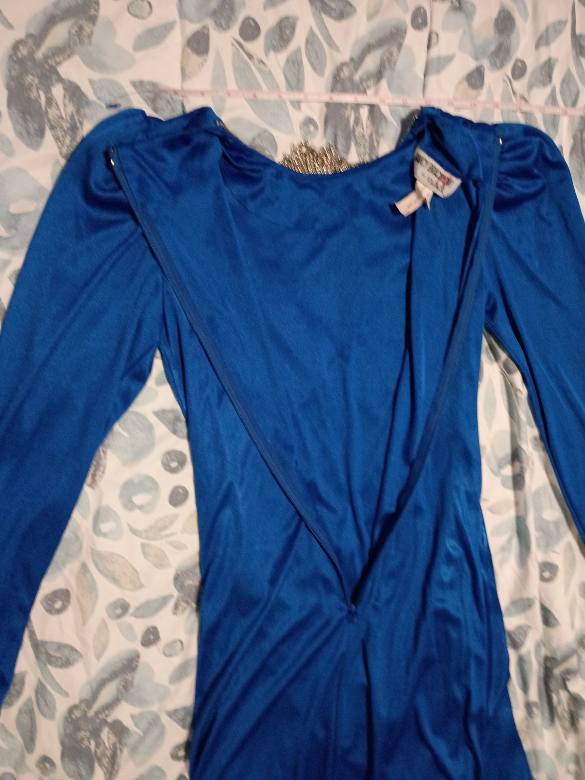 Nancy Bracoloni for Vijack Blue Ruched Dress Rhinestone Long Sleeve