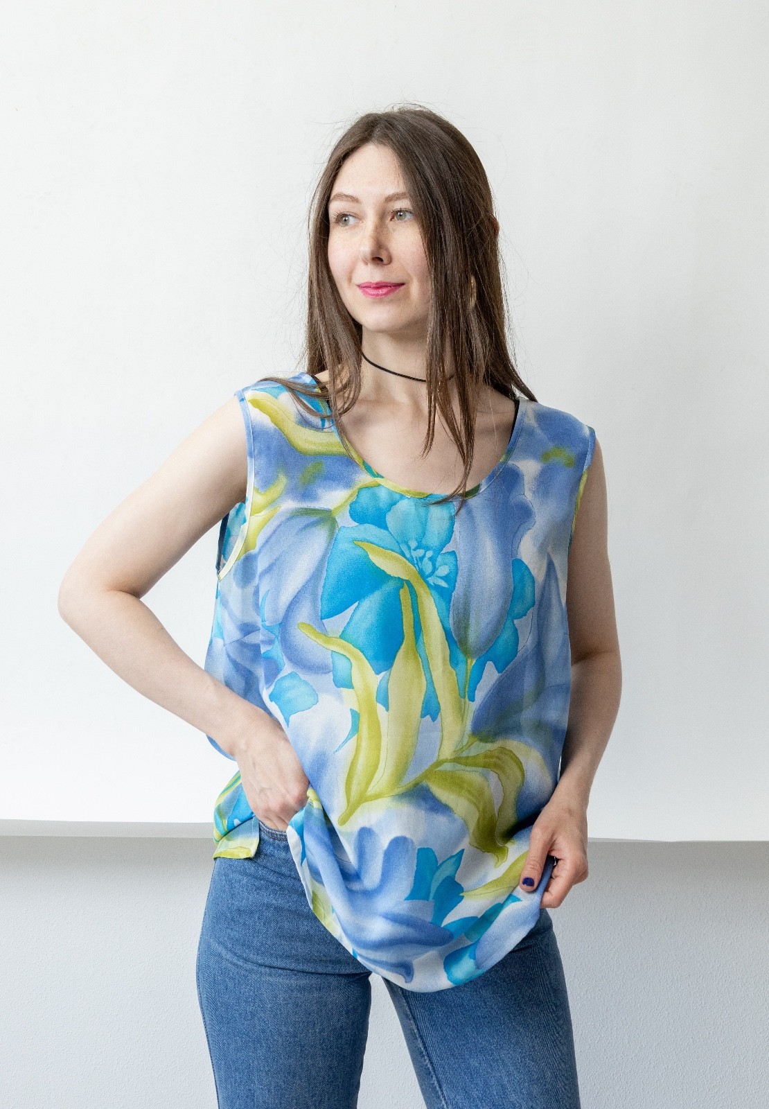 Vintage 90s Blue Watercolor Floral Tunic Top Sleeveless Lily Print Coastal L