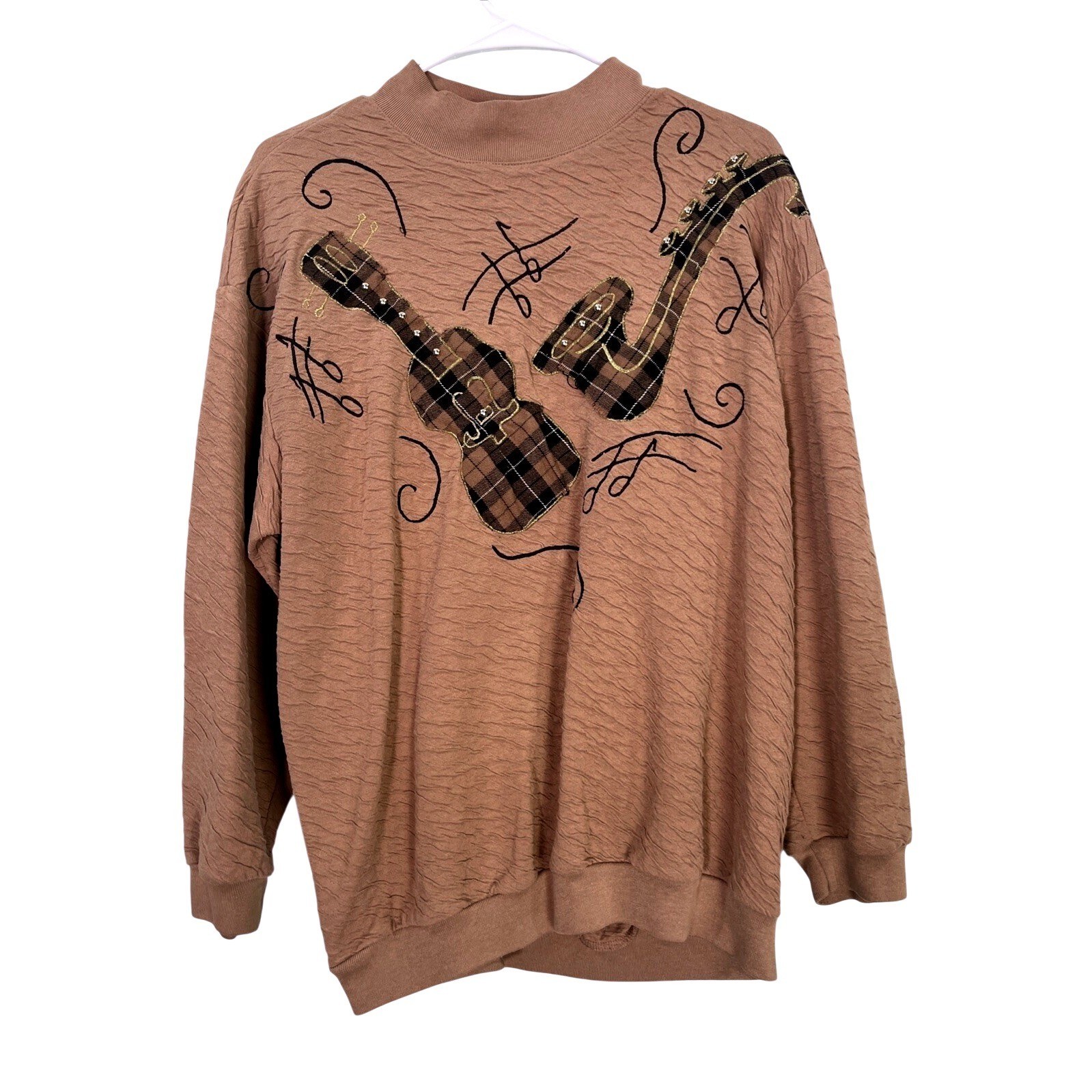 Donna Toran Pullover Women XL Brown Music Plaid Applique Mock Neck Vintage 90s