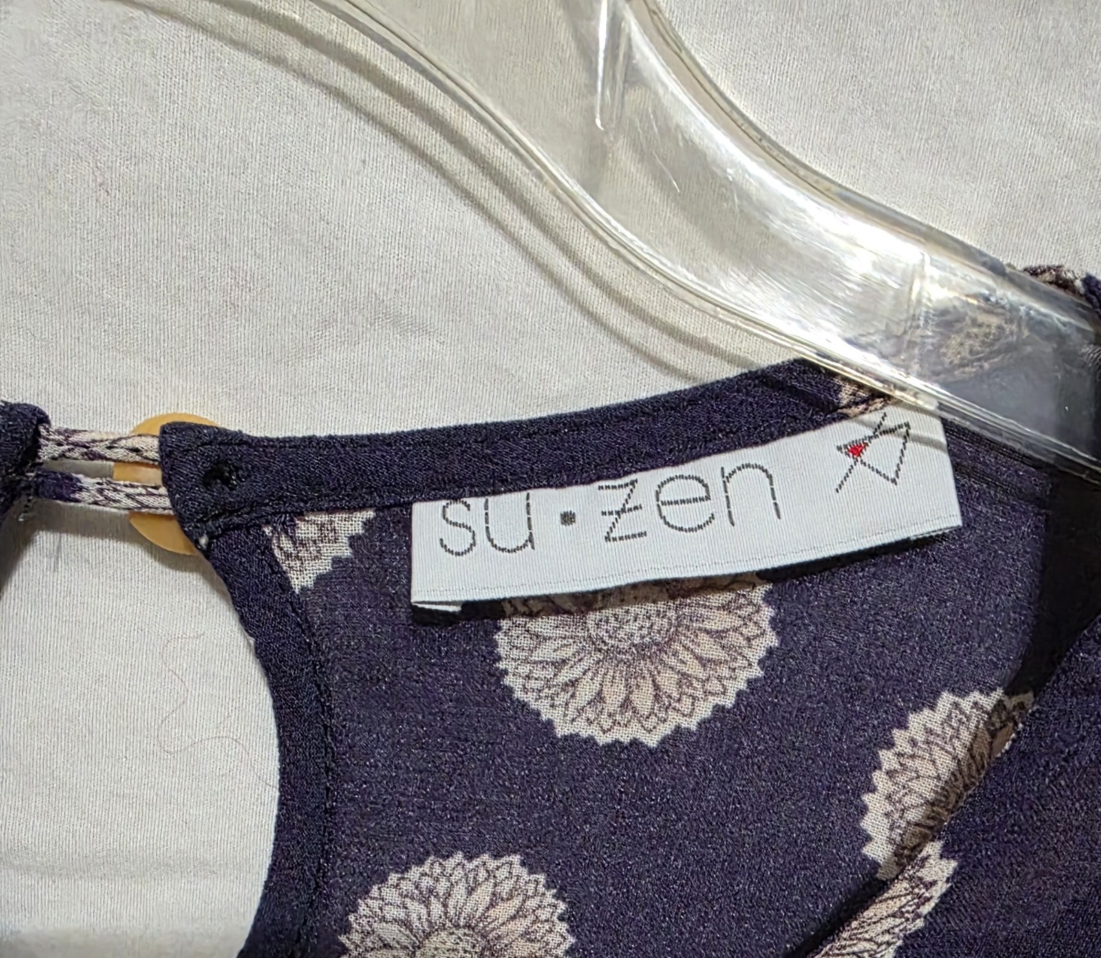 SU-ZEN OS Top Tunic Navy Floral Dots Pullover Semi-Sheer &rsquo;90s Art To Wear Boho