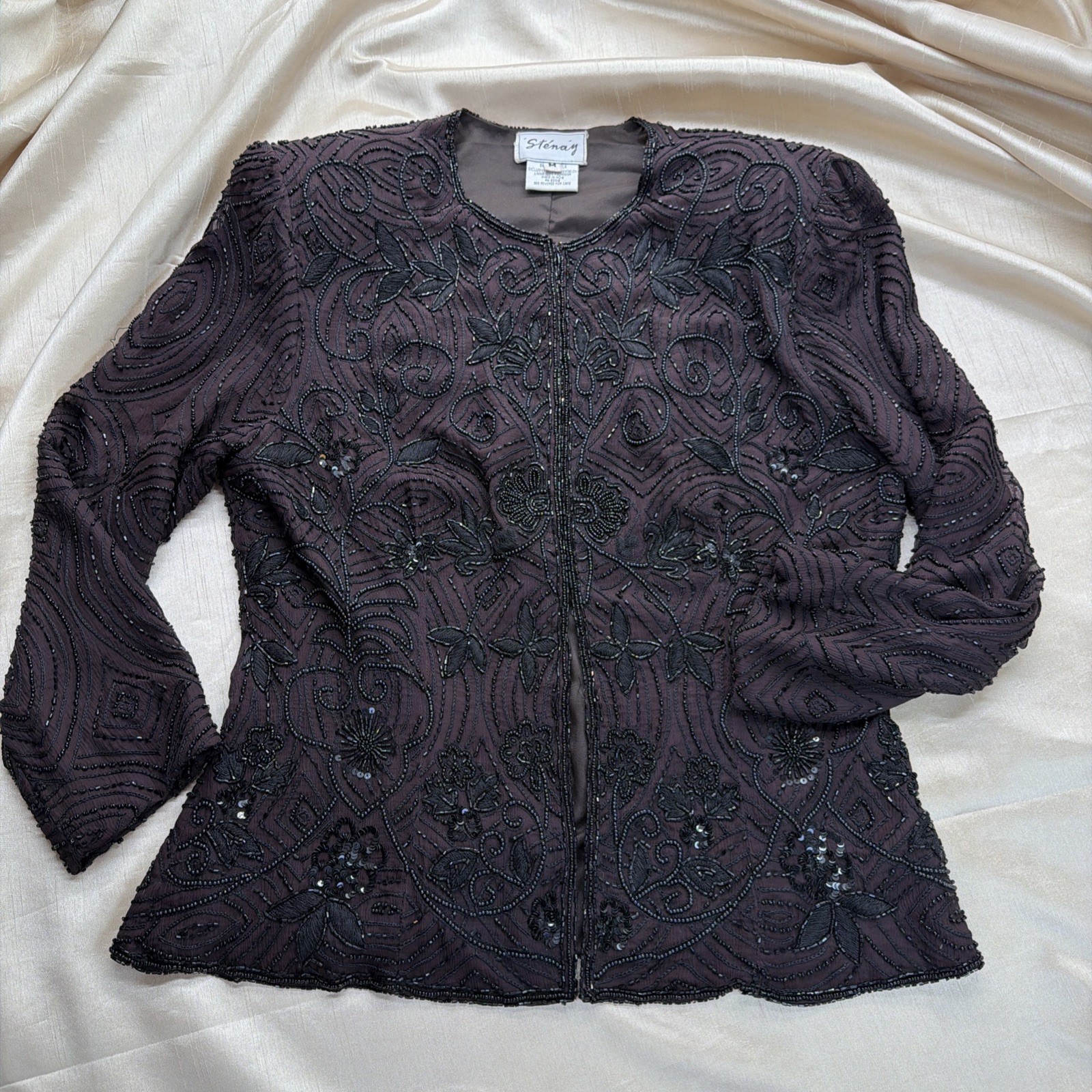 1980s Stenay Luxe Women Evening Jacket Brown & Black Beaded Silk Shrug Sz M