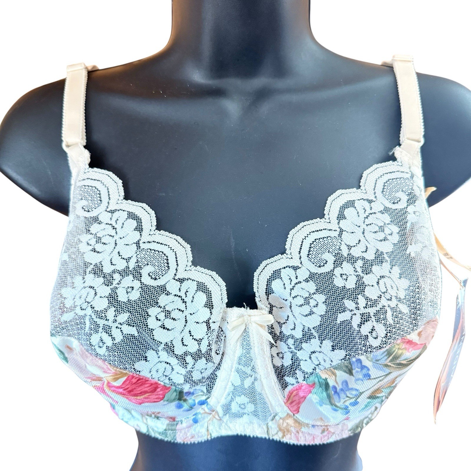Vintage Maidenform Chantilly Bra 36D Lace Underwire Floral Silky Satin Unlined