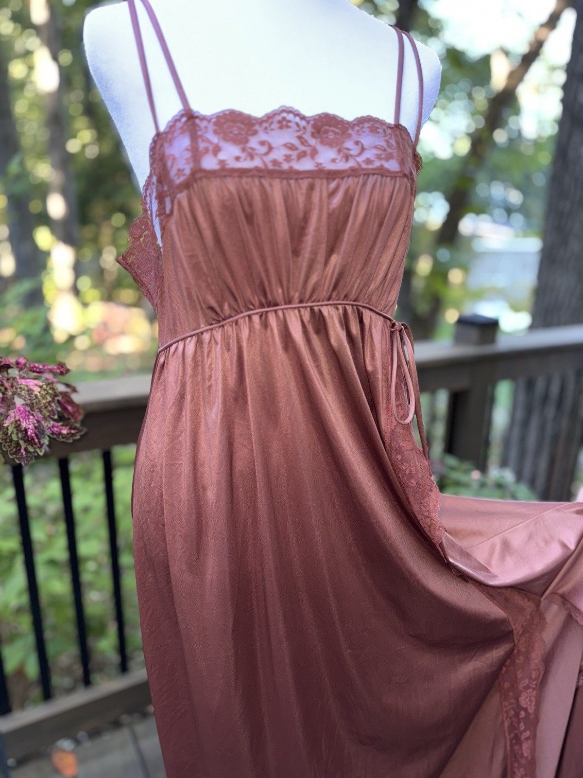 Vtg New Nightgown Long Goddess Pinehurst 70s Inset Lace UNIQUE Copper Brown M 36
