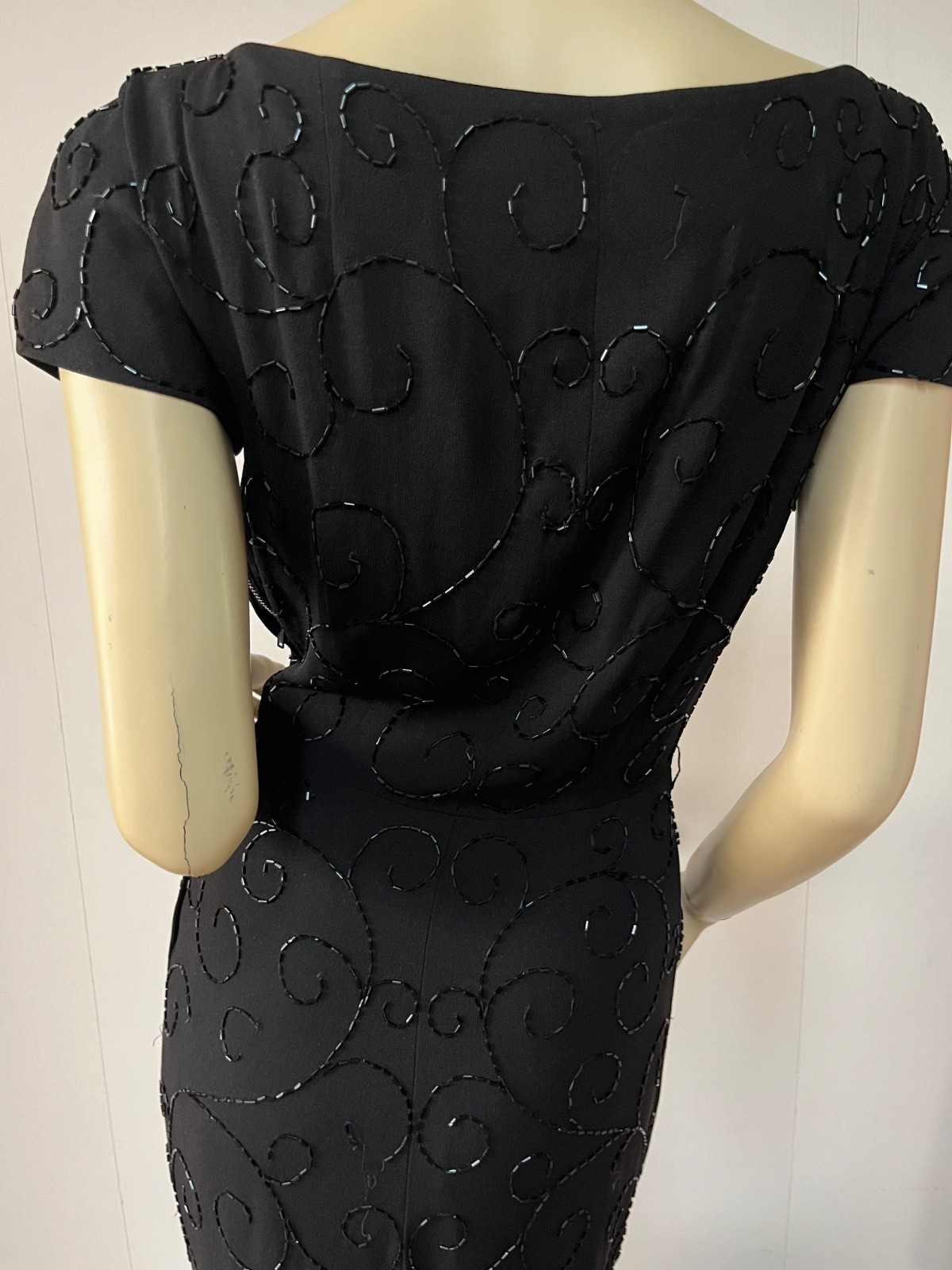 Vintage 1950s Cuffed Cleavage Black Beaded Side Zipper Cocktail Dress Bust 34