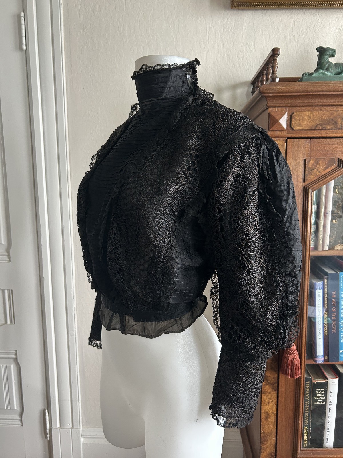 1890s Lace Black Victorian Blouse High Neck Antique Bodice Mourning Gothic XS