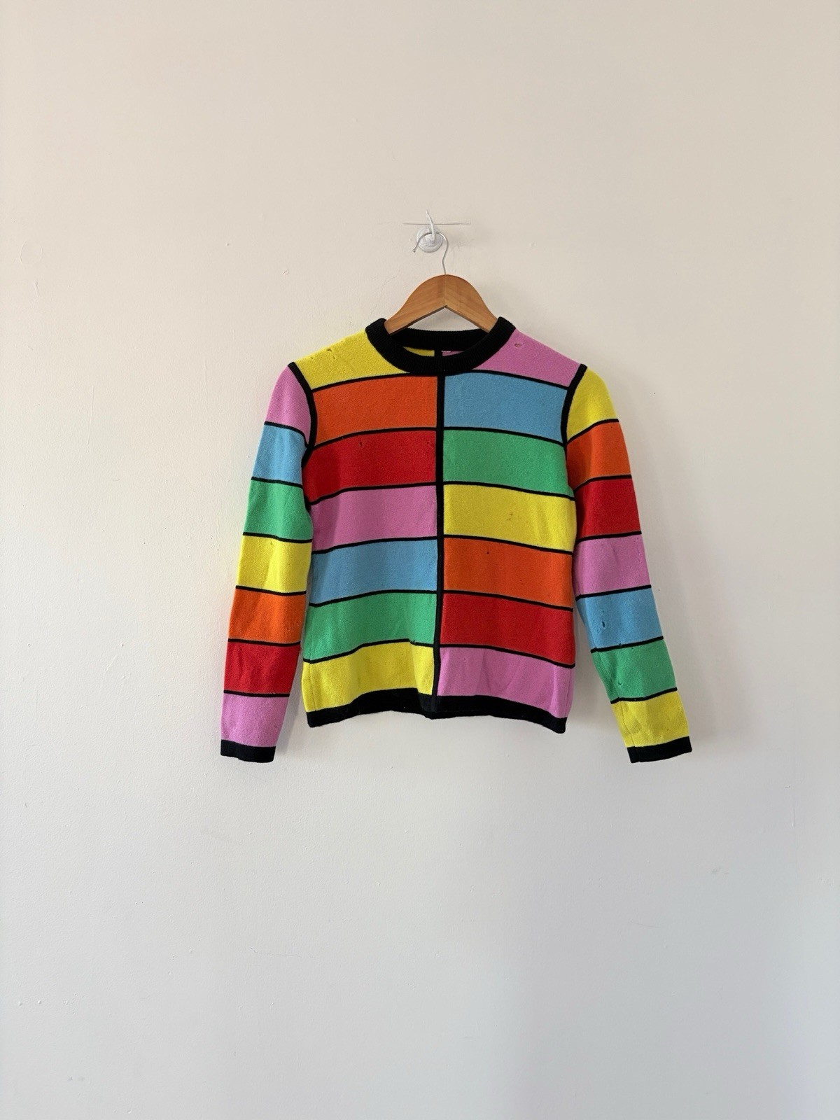 1960s Mod Geometric Color-Block Day Glo/Rainbow Wool Crewneck Sweater AS IS