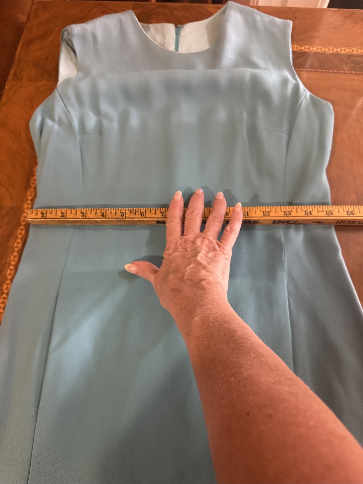 1960’s Vintage Blue Solid Dress Belted Pockets 35x30x37 Nice Condition Stretch